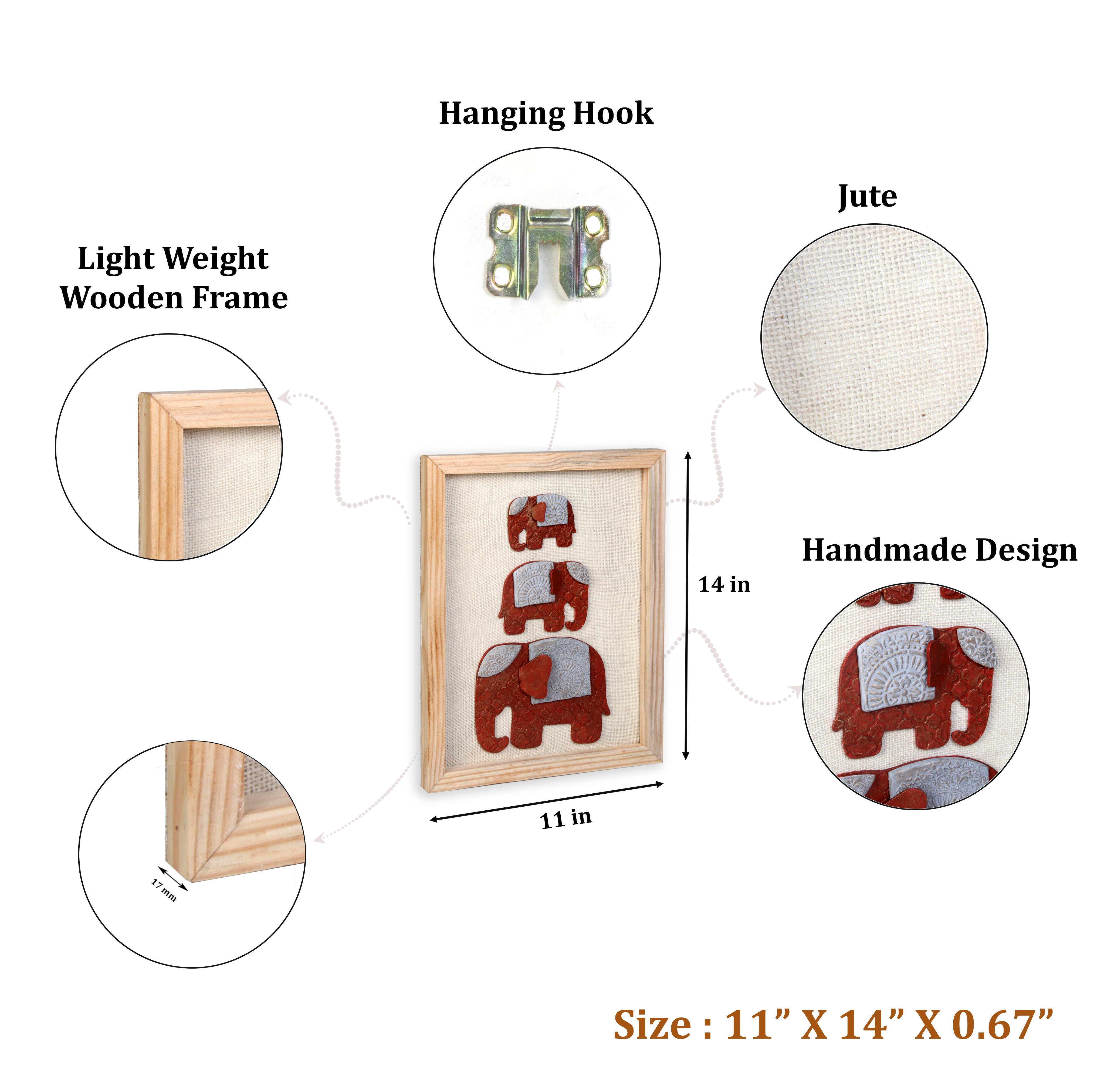 Wall Decor Handmade Majestic Elephant Red and white with Wooden Frame Approx H14 X L11 X D0.66inch