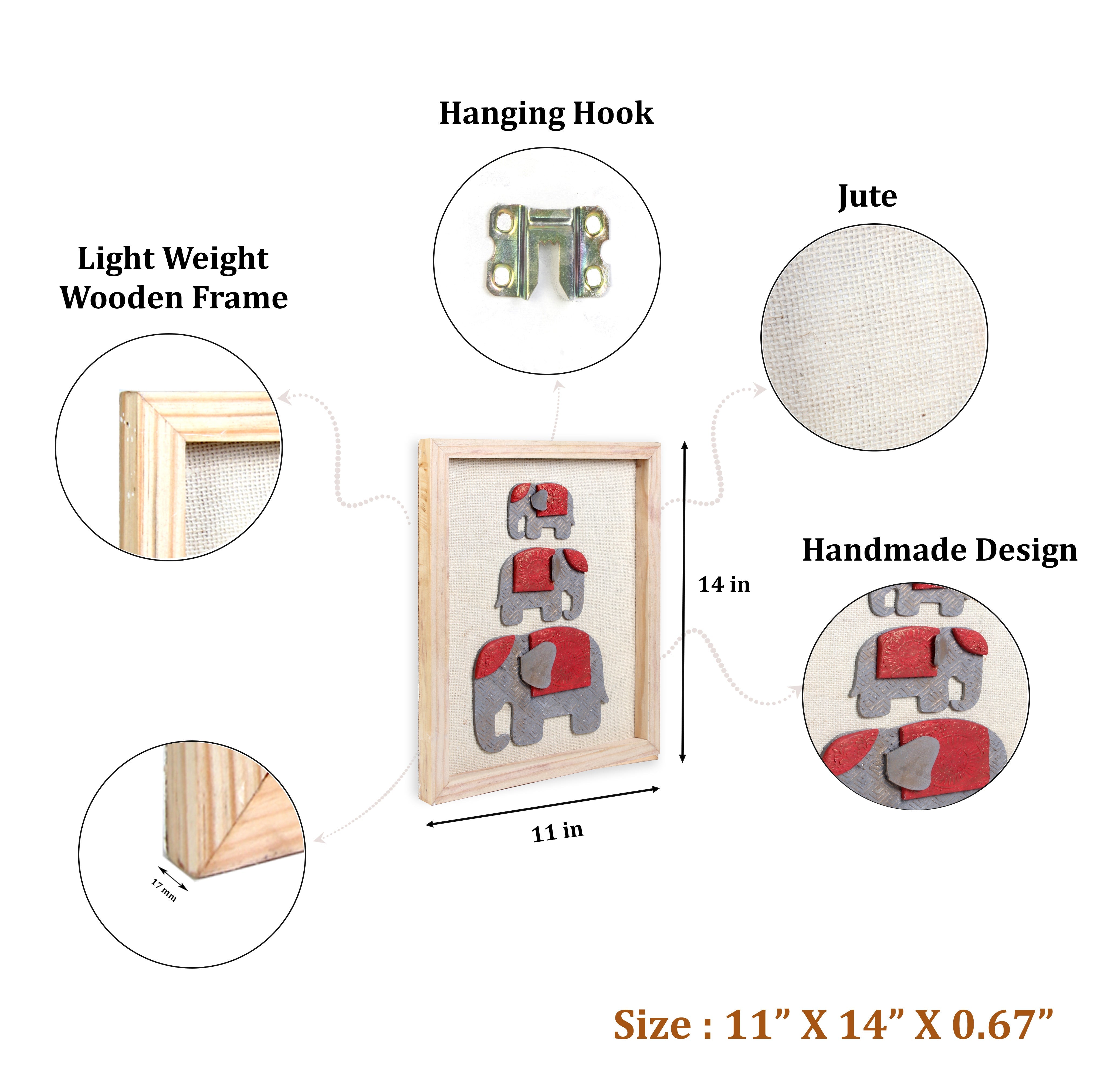 Wall Decor Hmade Majestic Elephant Grey and Red with Wooden Frame Approx H14 X L11 X D0.66inch 1pc