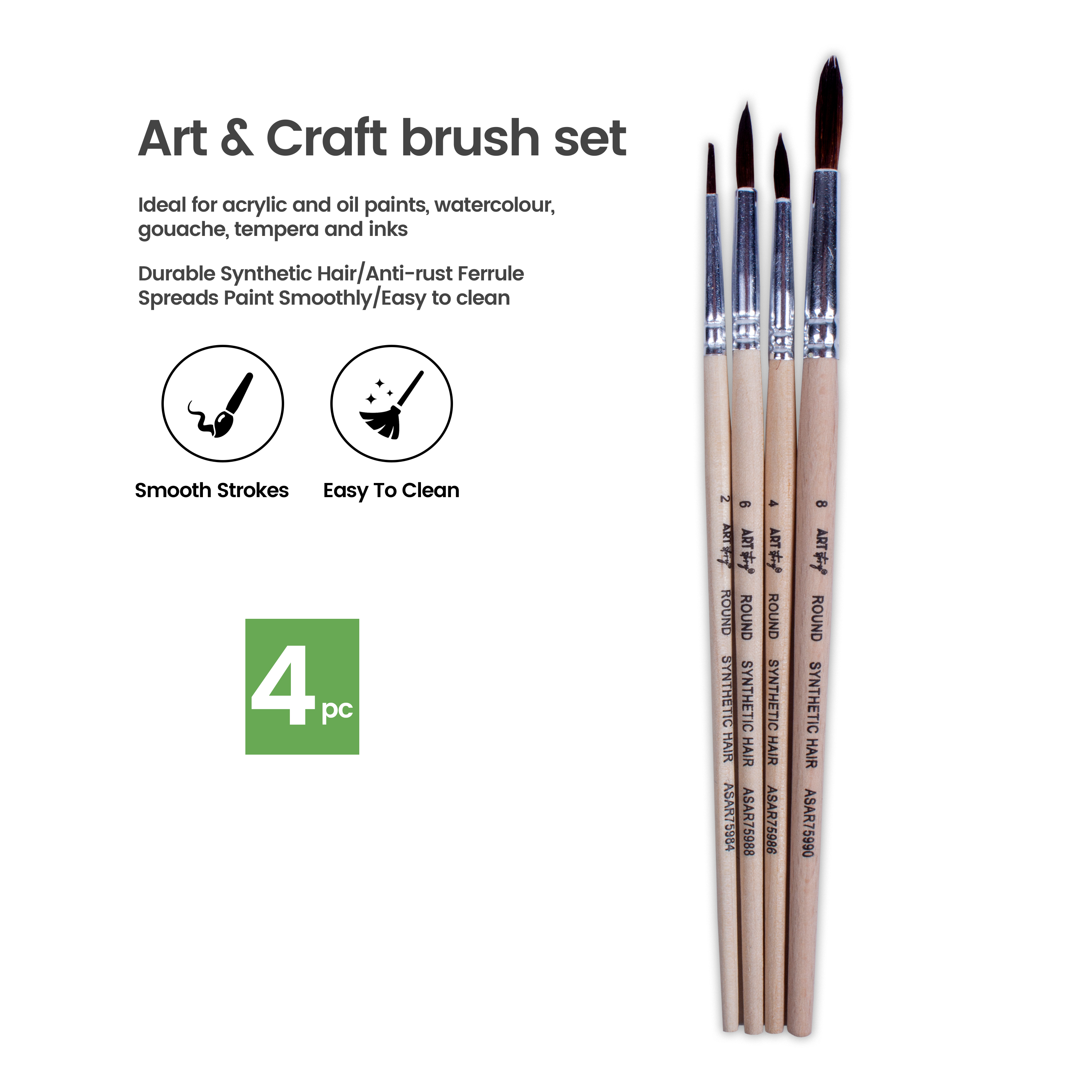 Watercolour Brush Round Synthetic Hair Size 24 6 8 Set of 4pc