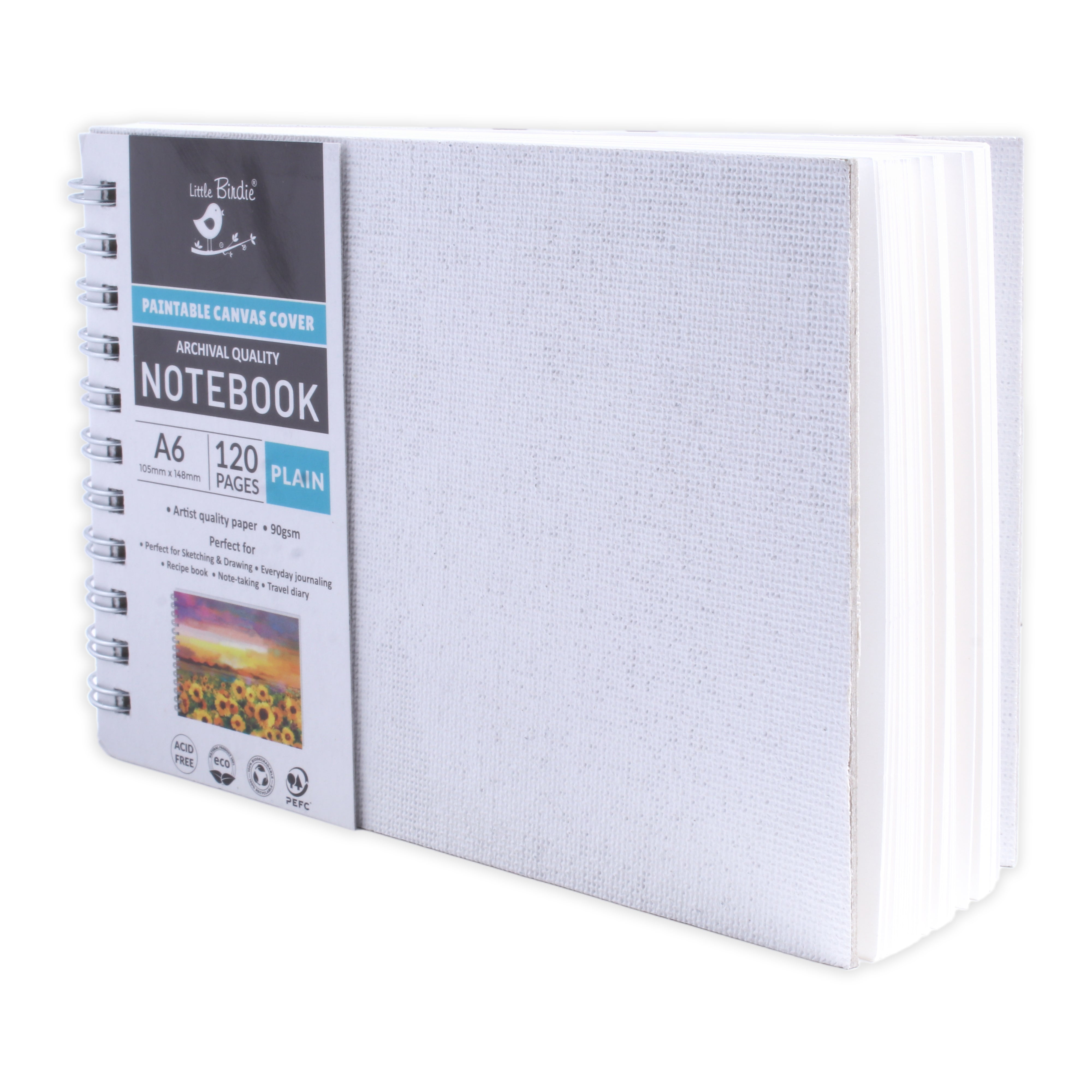 Paintable Canvas Wiro Bound Plain Notebook Landscape A6 90gsm 120 Pages