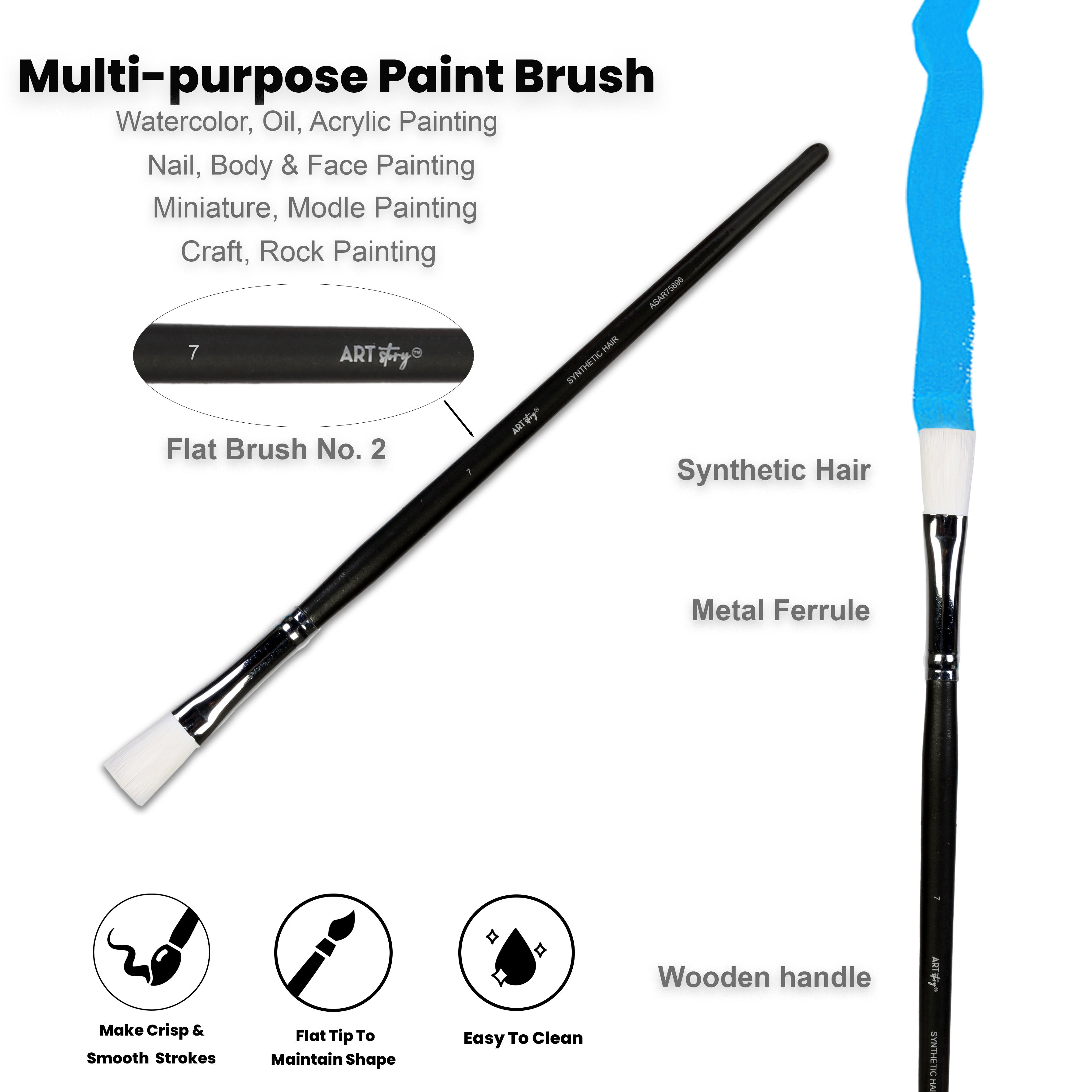 Premium Flat Brush Synthetic Hair Handle Length 200mm Size 7 1 pc