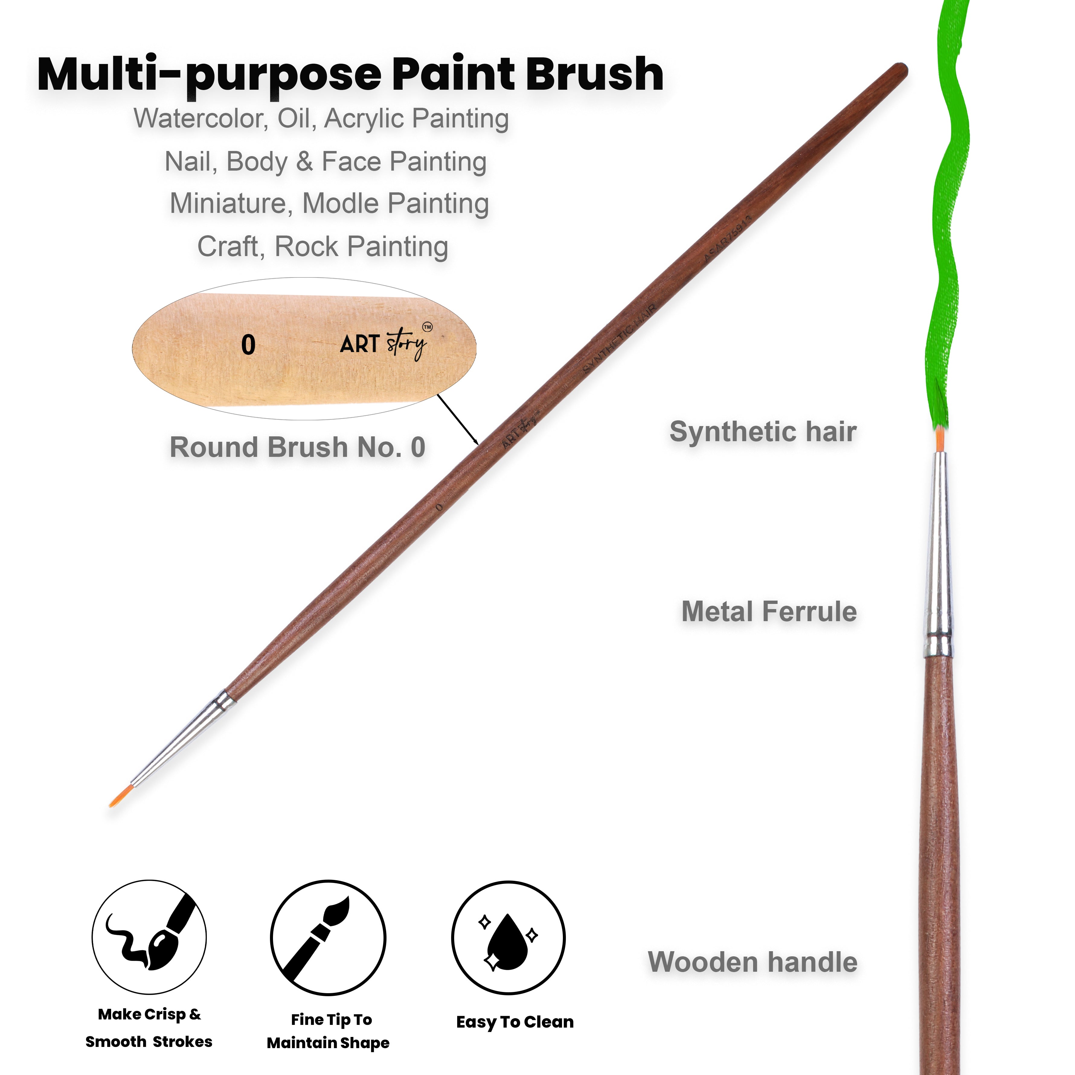Rosewood Round Brush Synthetic Hair Handle Length 200mm Size 0 1 pc