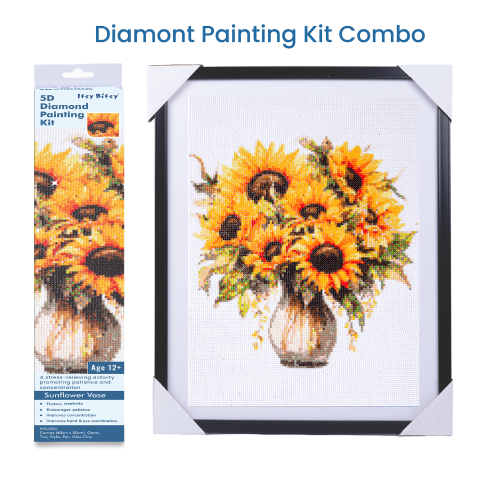 (40 x 50 cm) - 5D Diamond Painting - Sunflower Vase  Matching Frame Combo