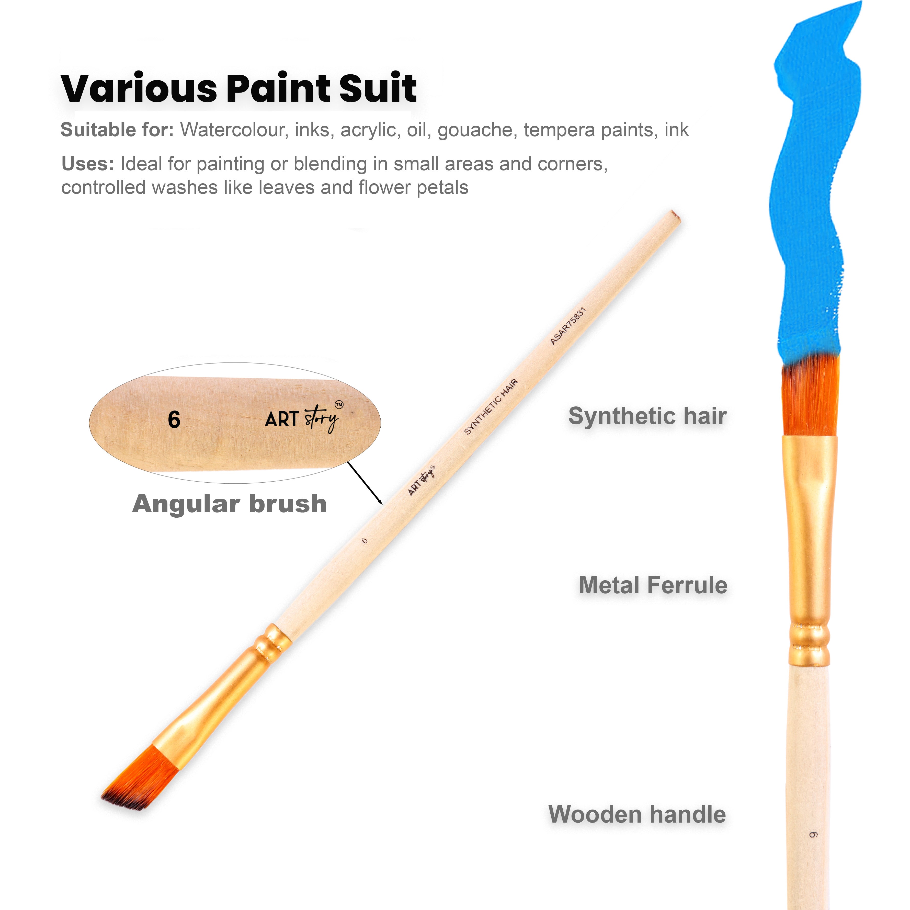 Angular Brush Synthetic Hair Size 6 Handle Length 150mm