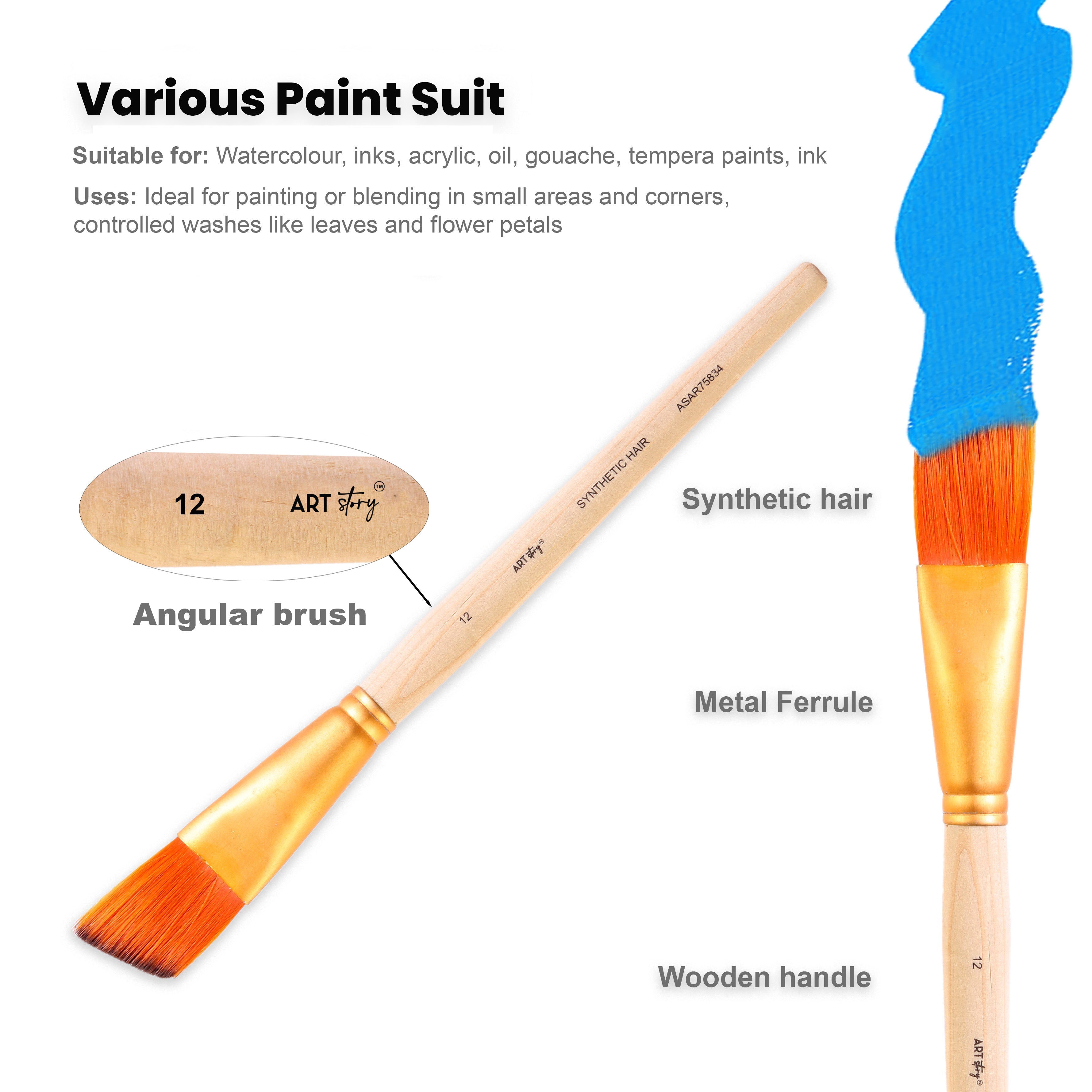 Angular Brush Synthetic Hair Size 12 Handle Length 150mm