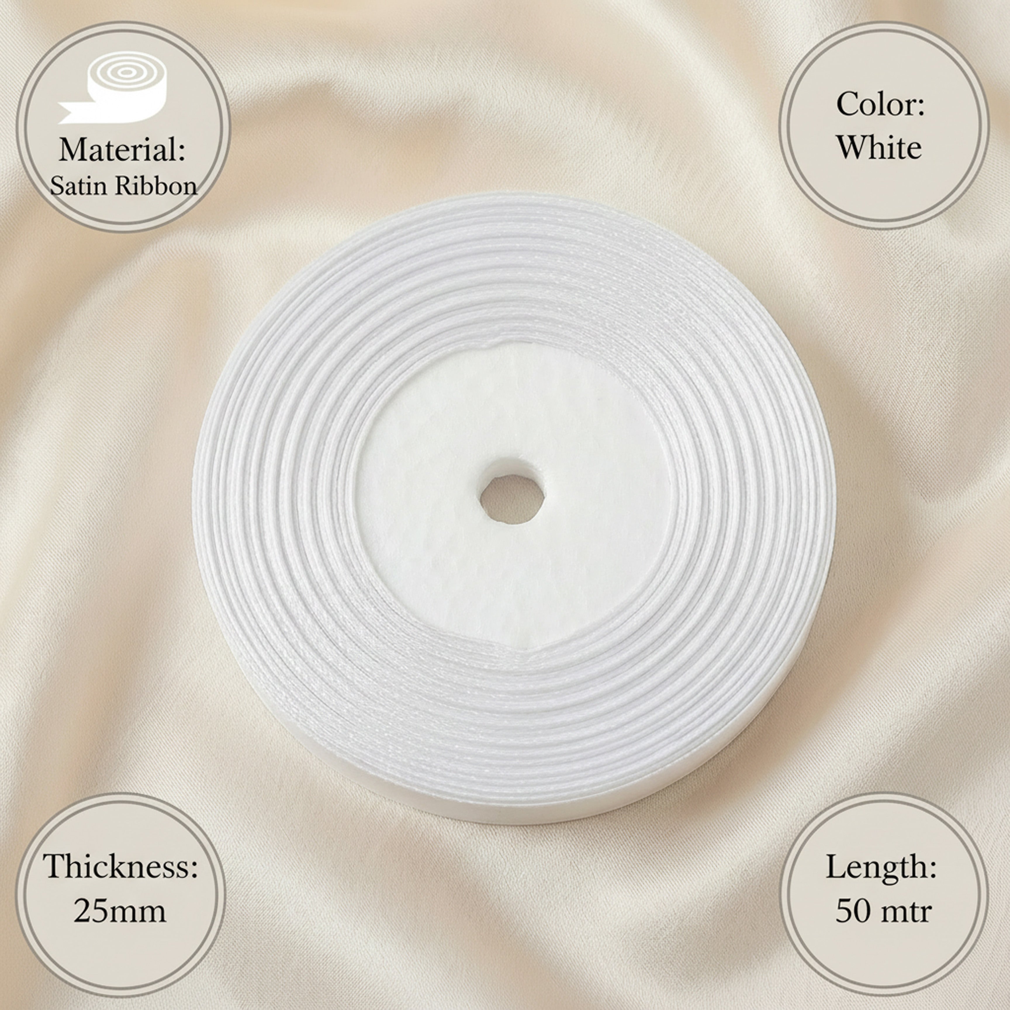 Satin Ribbon 25Mm 50Mtr White