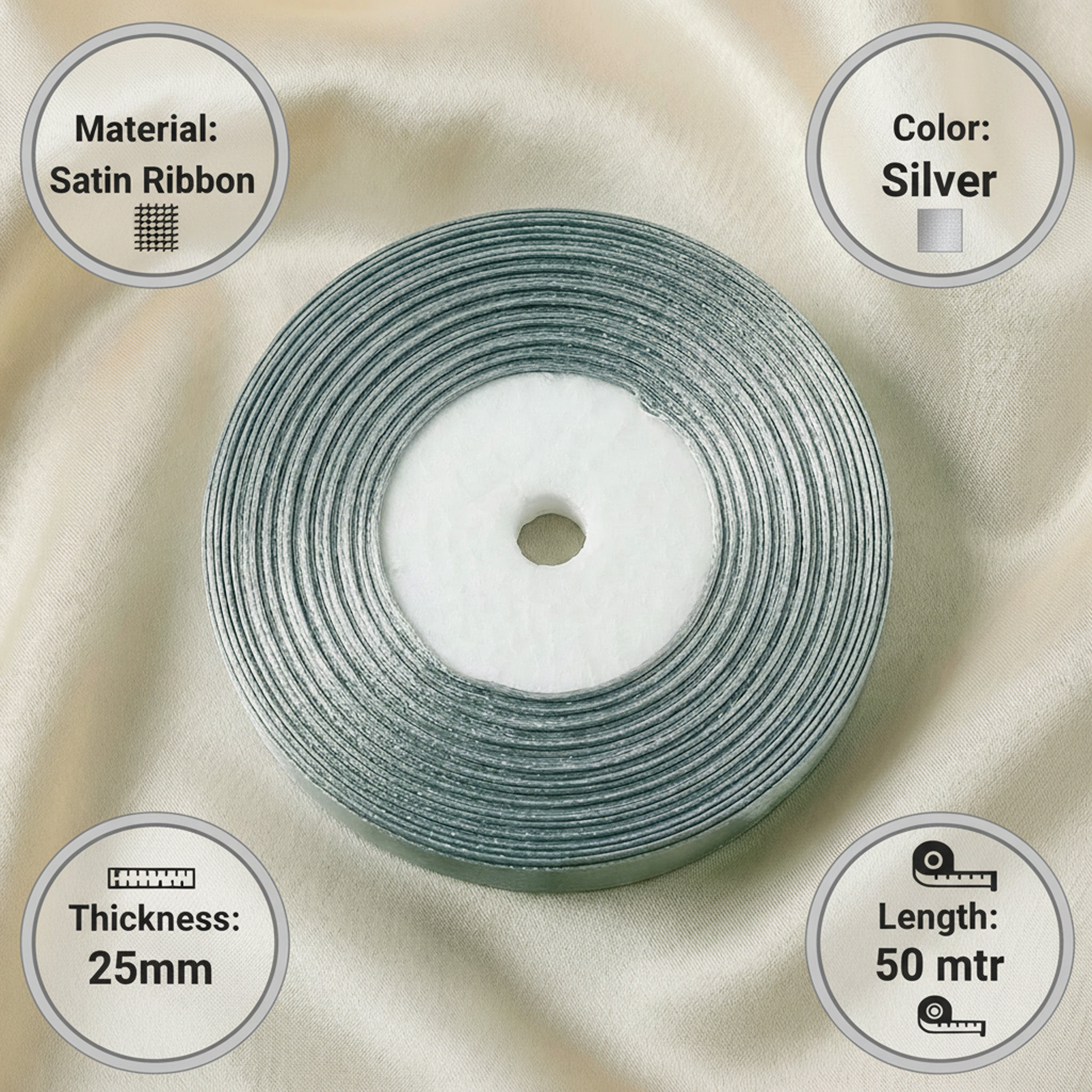 Satin Ribbon 25Mm 50Mtr Silver