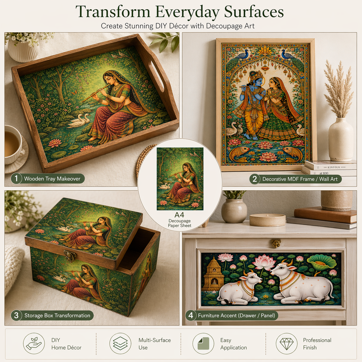 Filament Decoupage Paper Pichwai Pastures 2 Designs 60GSM A4 2 Sheets