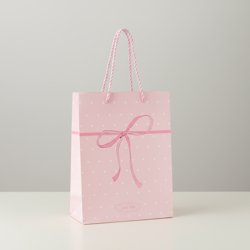 Paper Gift Bag White Dot with Pink Bow 23 X 18 X 10cm 1pc