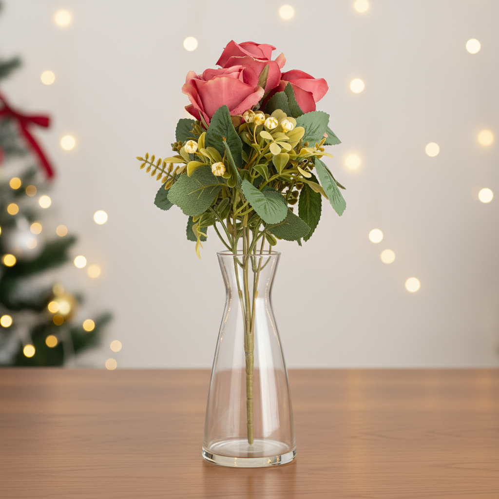 Artificial Rose Bunch 7 Flowers Coral Pink 32cm