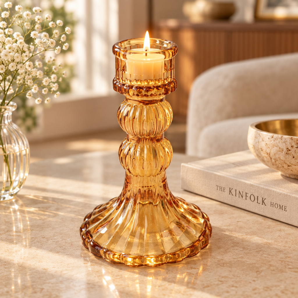 Crystal Striped Glass Candle Holder Double Ring Amber 12.7 X 8cm 1pc