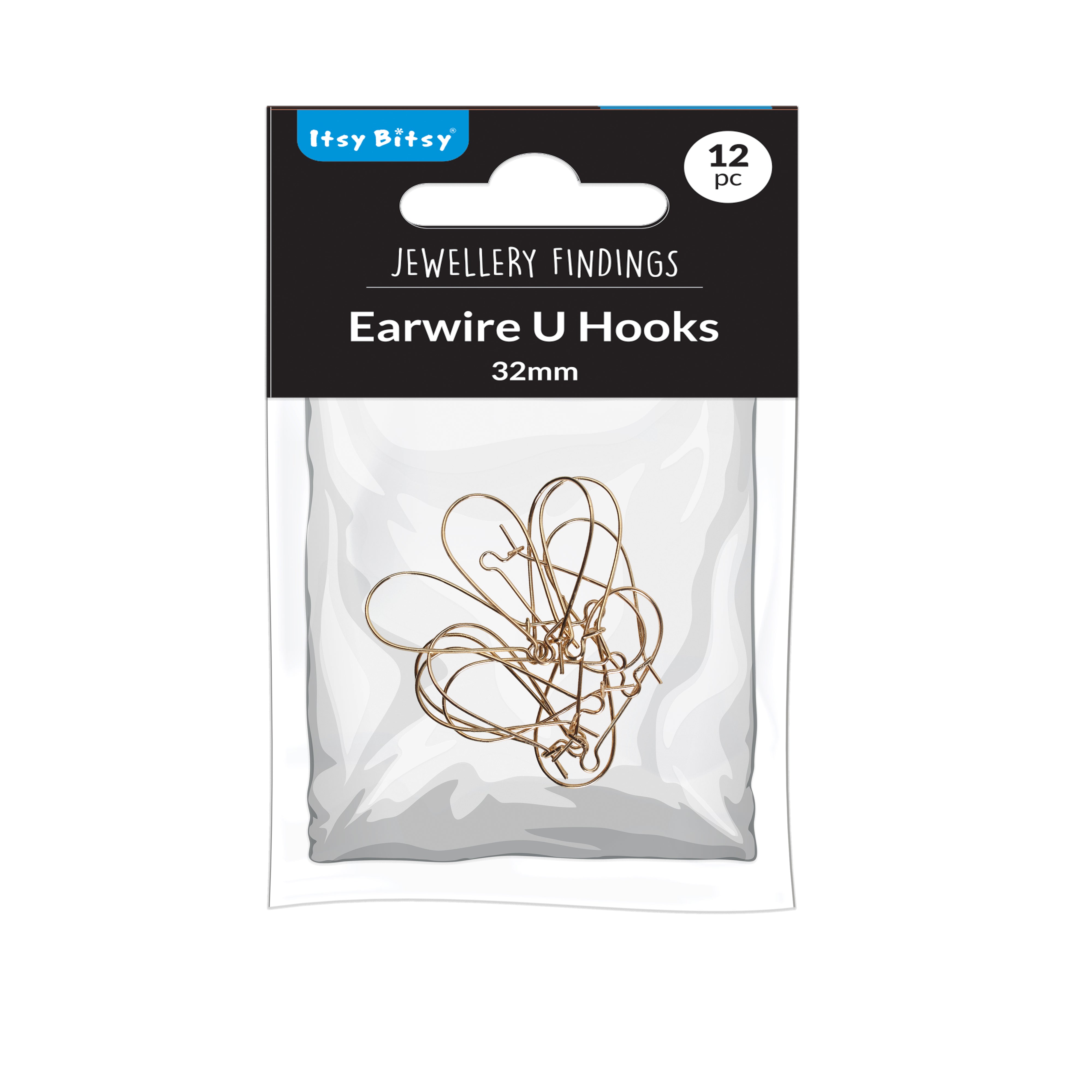 Jewellery Findings Ear Wire U Hooks Gold 32mm 12pc