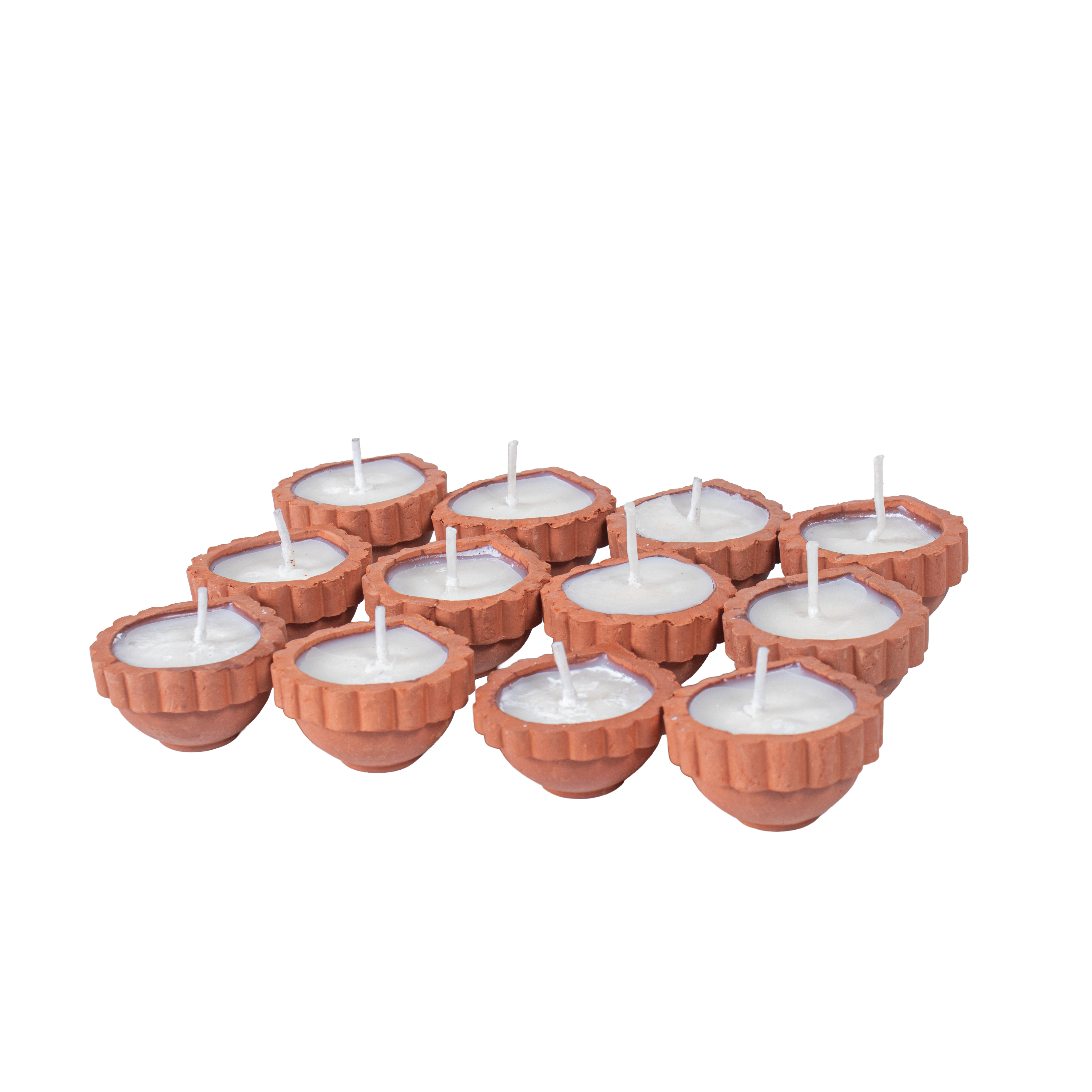 Ready-to-use Terracotta Diya Scalloped Border Set of 12pc (Wax Filled)