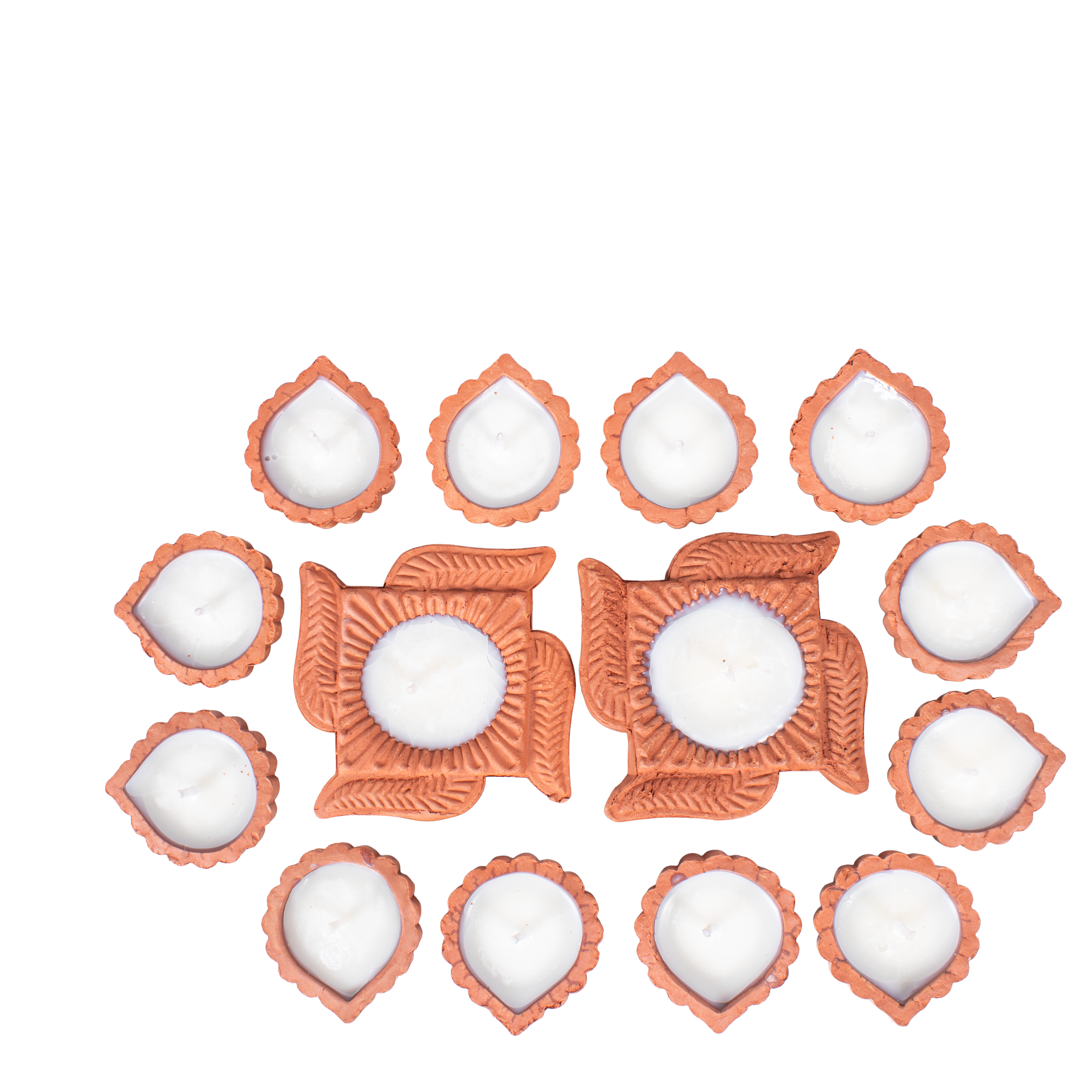 Ready-to-use Terracotta Diya Swastika Set of 14pc (Wax Filled)