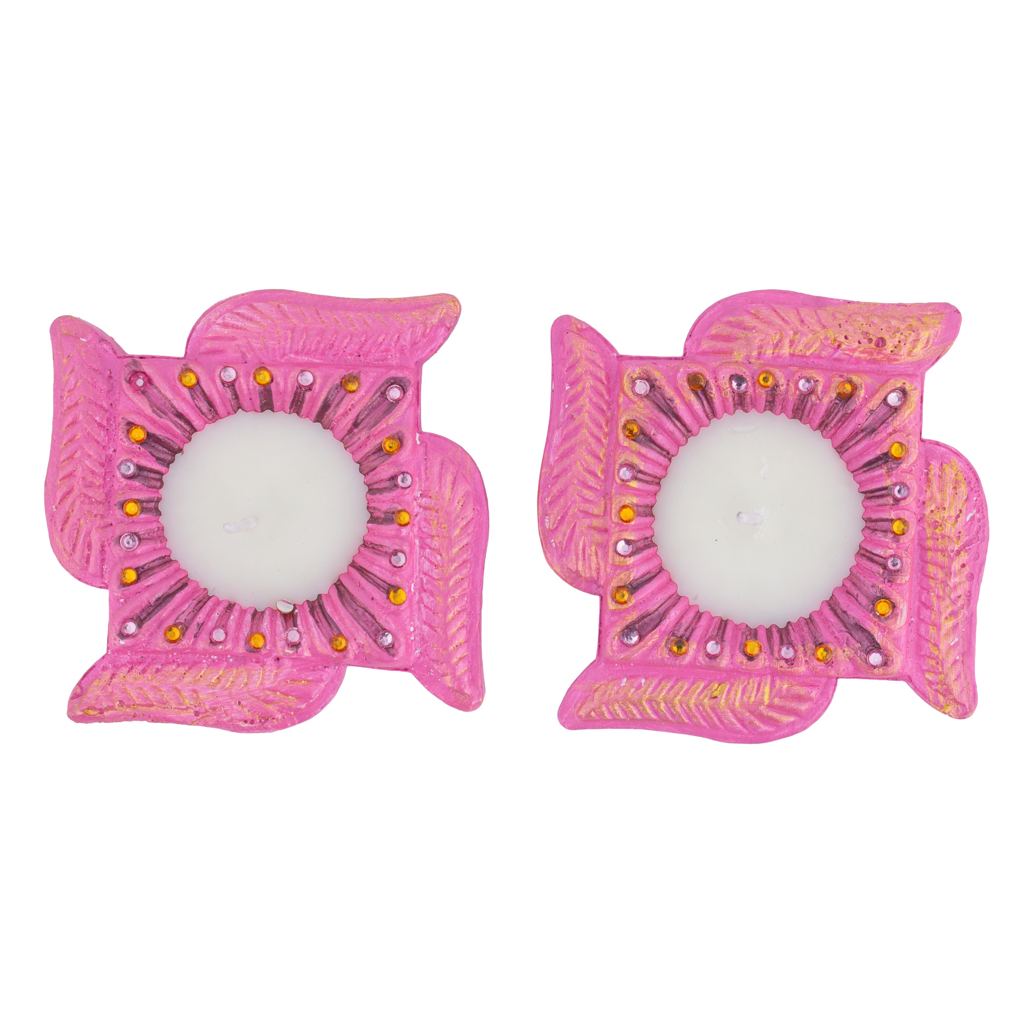 Decorated Terracotta Diya with Wax - Swastika, Pink, Set of 2pc