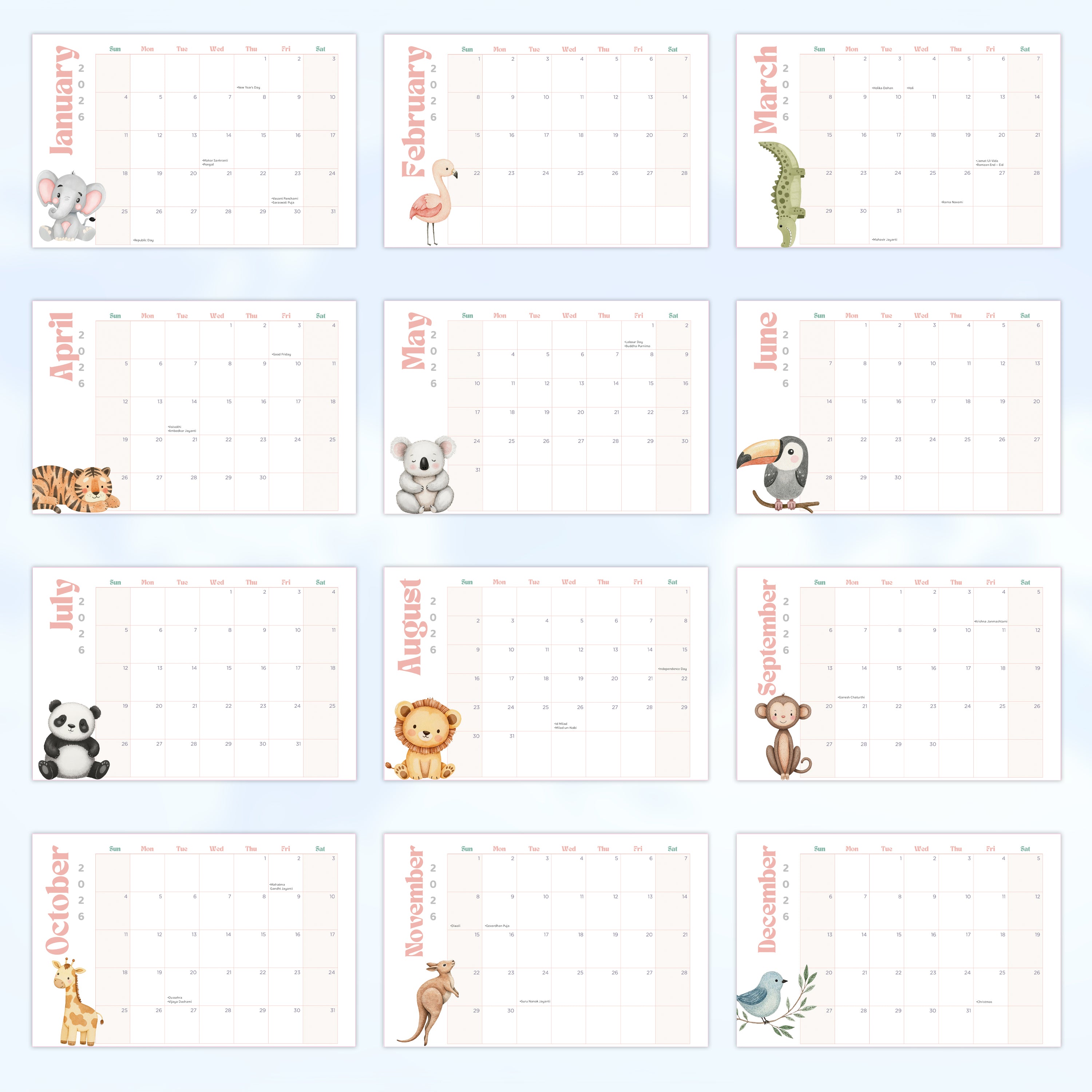 Desk Calendar 2026 Animal Kingdom with 90 Animal Emoji Stickers 9 X 6inch 13 Sheets