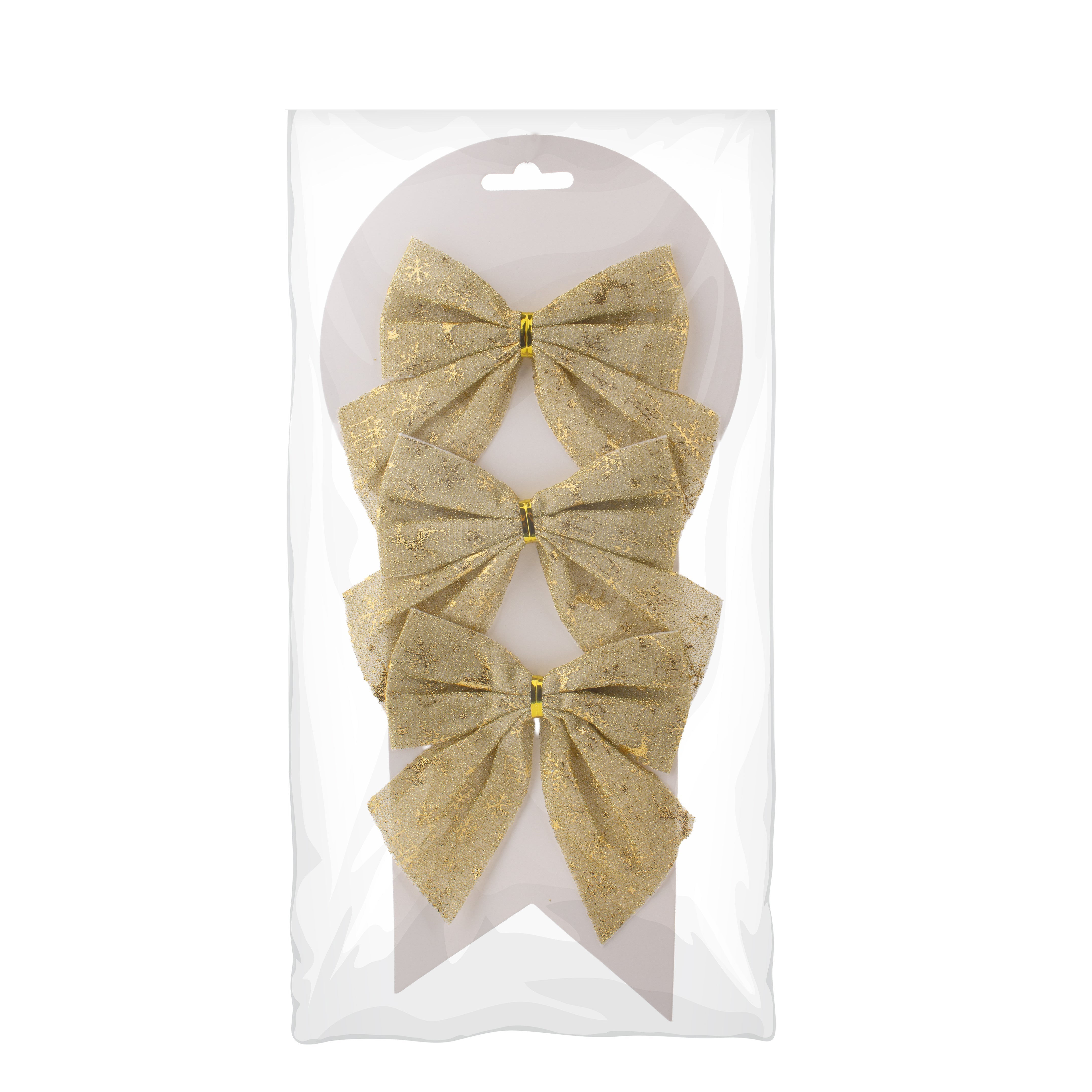 Christmas Decorative Printed Metallic Bow Gold 3pc 4inch X 4inch 1Pack