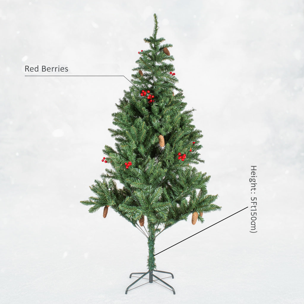 5 Feet - Christmas Premium Tree with Metal Stand Pine Cones & Red Berries 1pc Box  (Ornaments Combo)