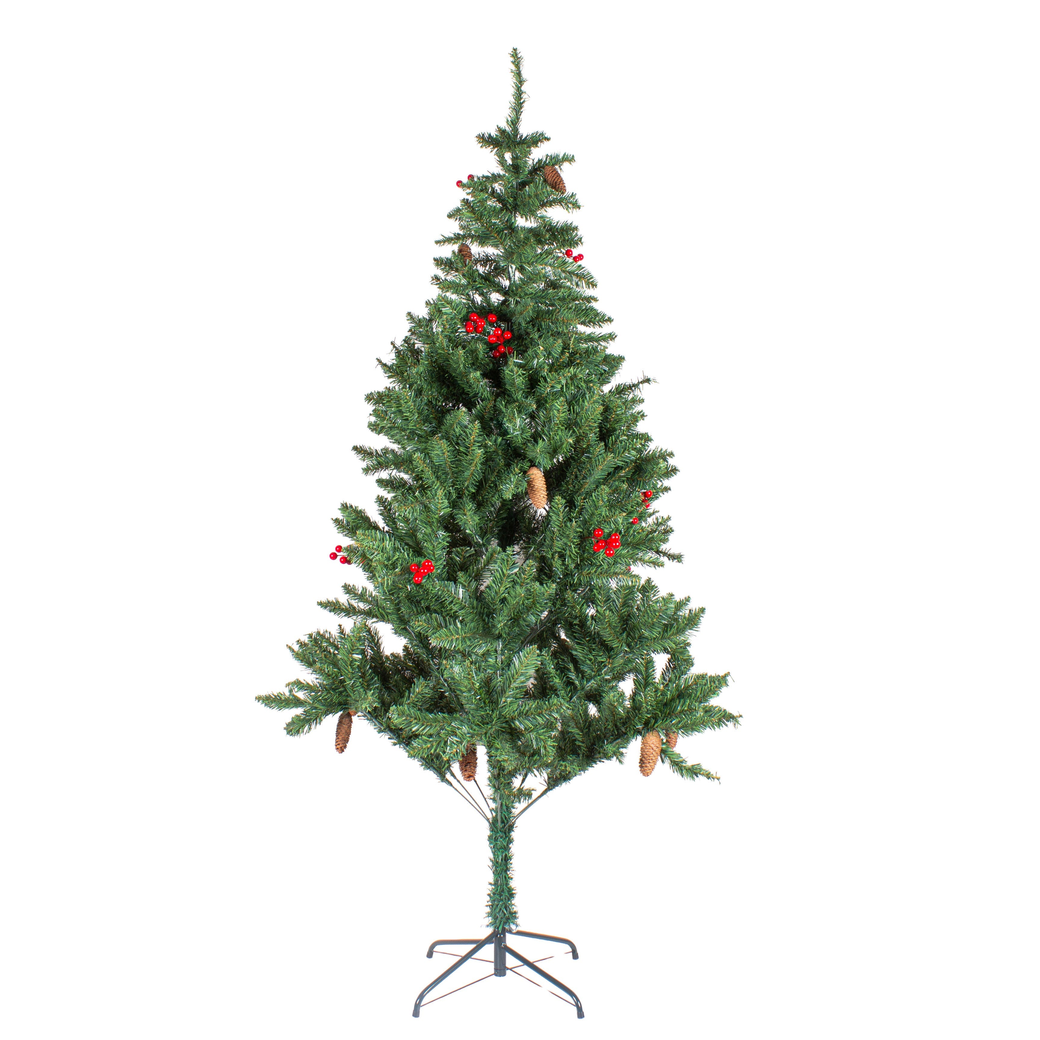 6 Feet - Christmas Premium Tree with Metal Stand Pine Cones & Red Berries (180cm) 1pc  (Ornaments Combo)