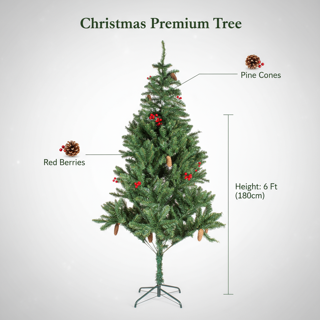 6 Feet - Christmas Premium Tree with Metal Stand Pine Cones & Red Berries (180cm) 1pc  (Ornaments Combo)