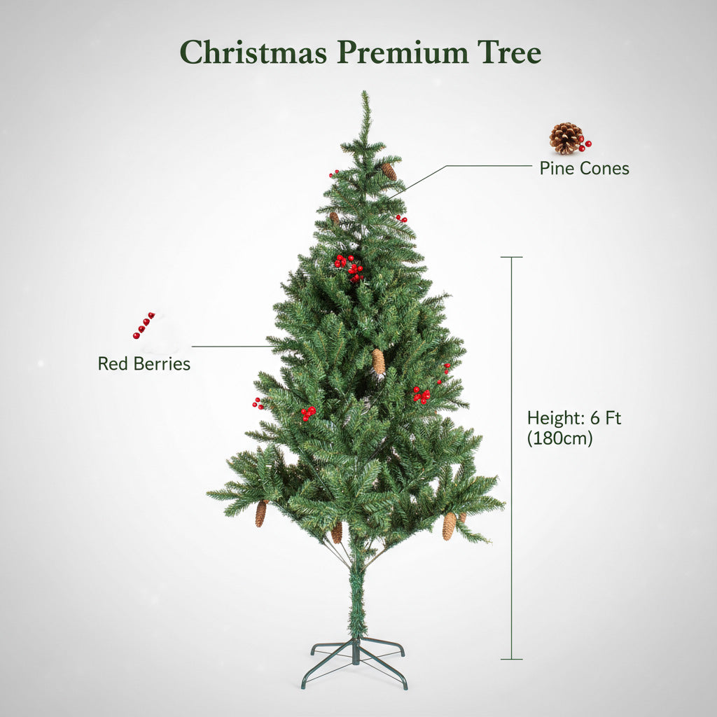 6 Feet - Christmas Premium Tree with Metal Stand Pine Cones & Red Berries (180cm) 1pc  (Ornaments Combo)