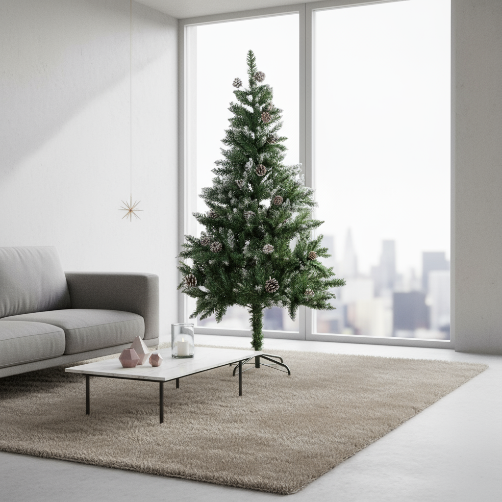 Frosted Christmas Tree with Metal Stand & Pine Cones 5 Ft (150cm) 1pc Box