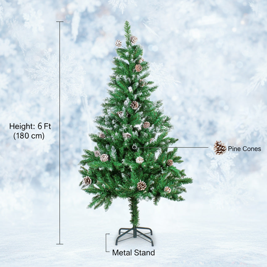 6 Feet - Frosted Christmas Tree with Metal Stand & Pine Cones (180cm) 1pc Box  (Ornaments Combo)