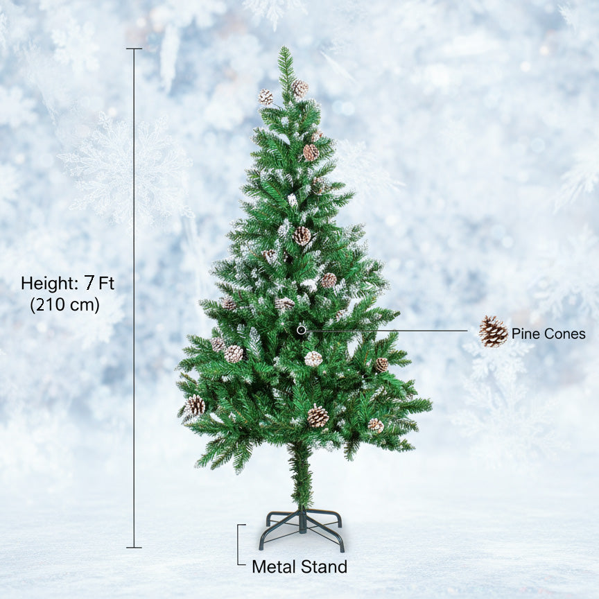 Frosted Christmas Tree with Metal Stand & Pine Cones 7 Ft (210cm) 1pc Box
