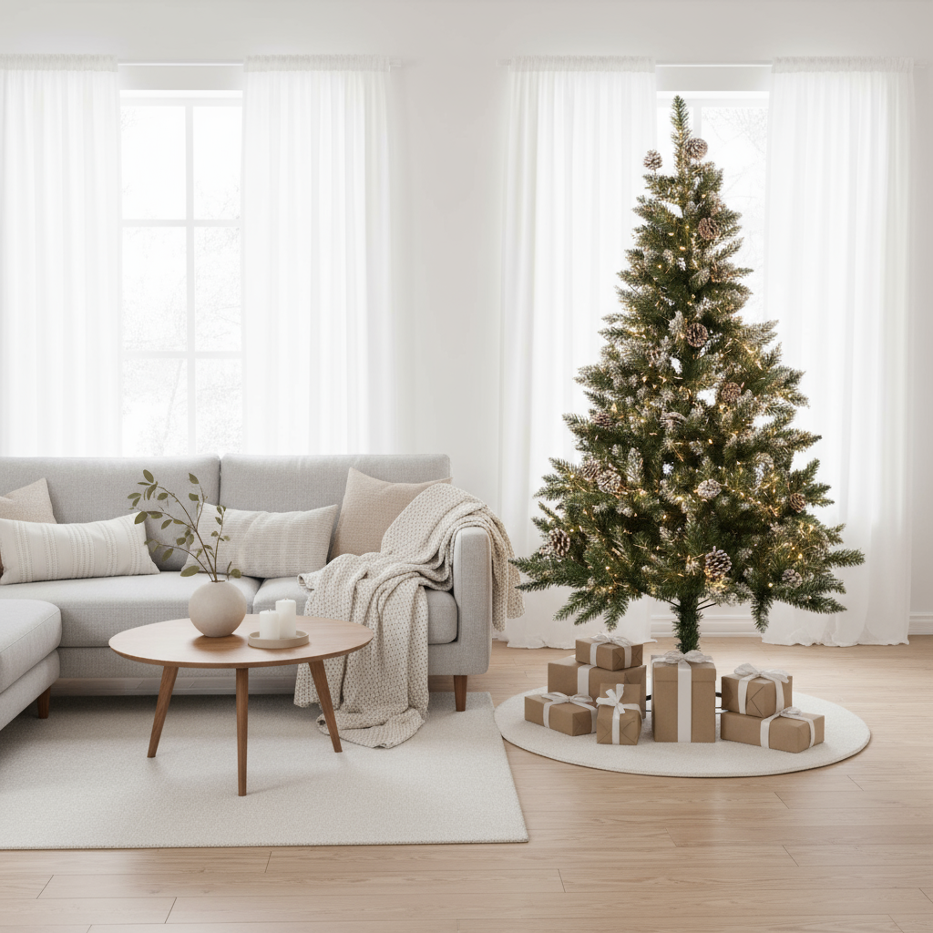 7 Feet - Frosted Christmas Tree with Metal Stand & Pine Cones (210cm) 1pc Box  (Ornaments Combo)