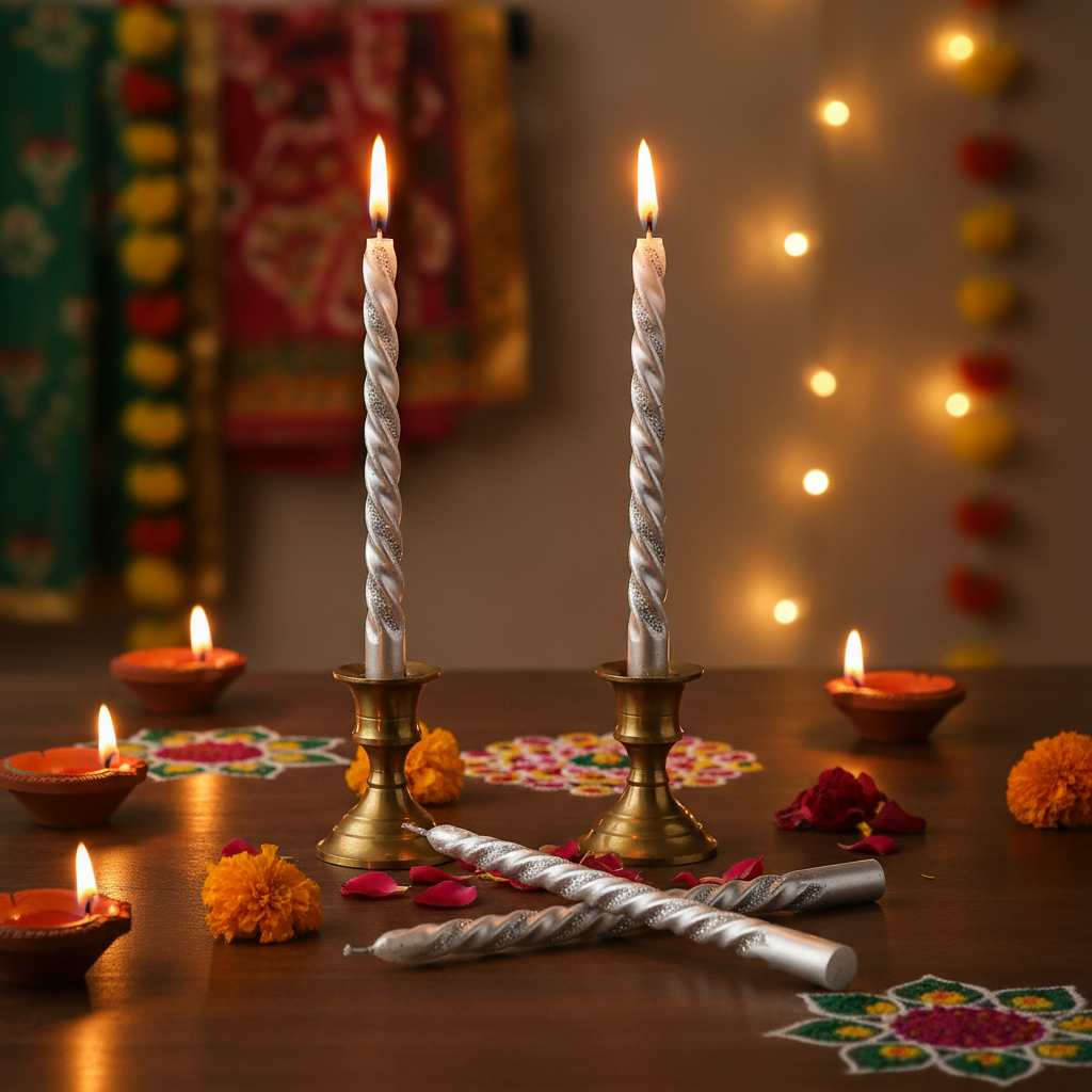 Silver Spiral Candle & Metal Candlestick Holder (Medium) Combo