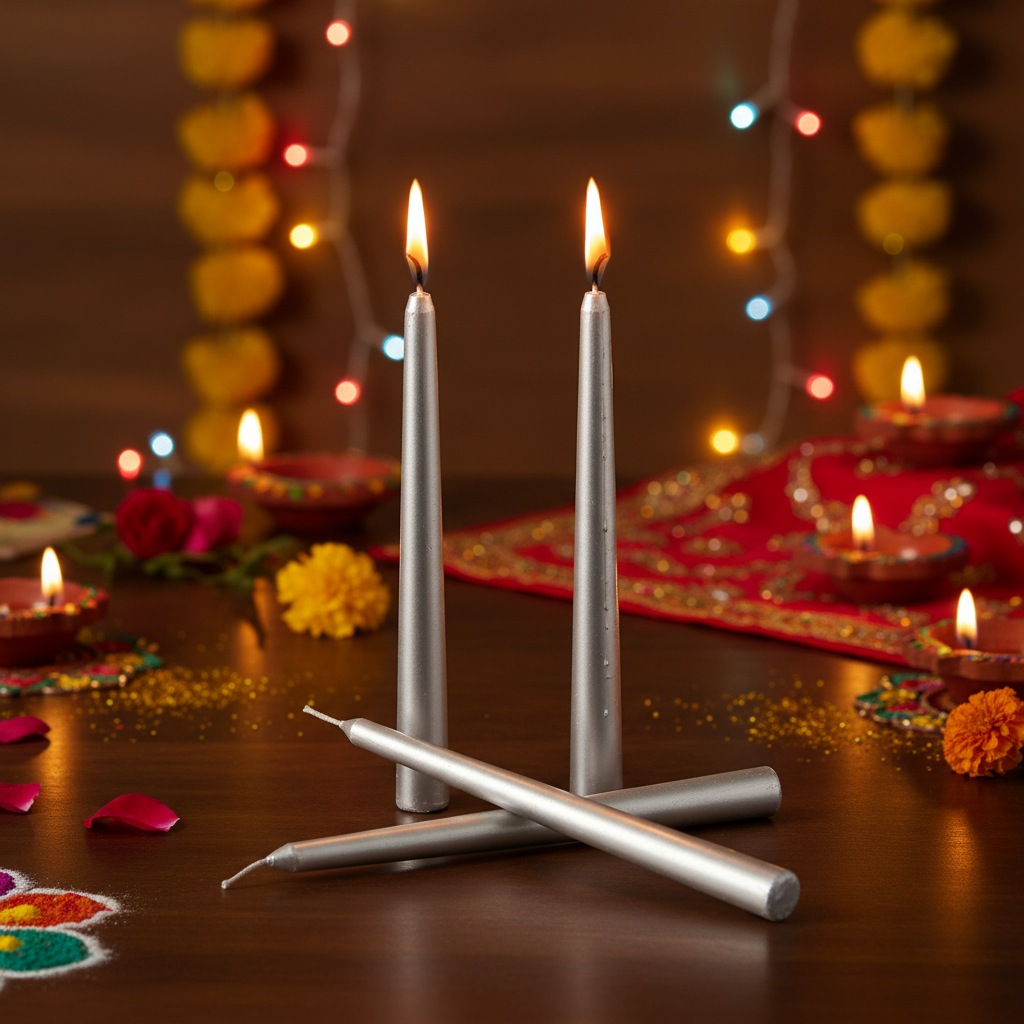 Metallic Round Candle Silver & Metal Candlestick Holder (Medium) Combo