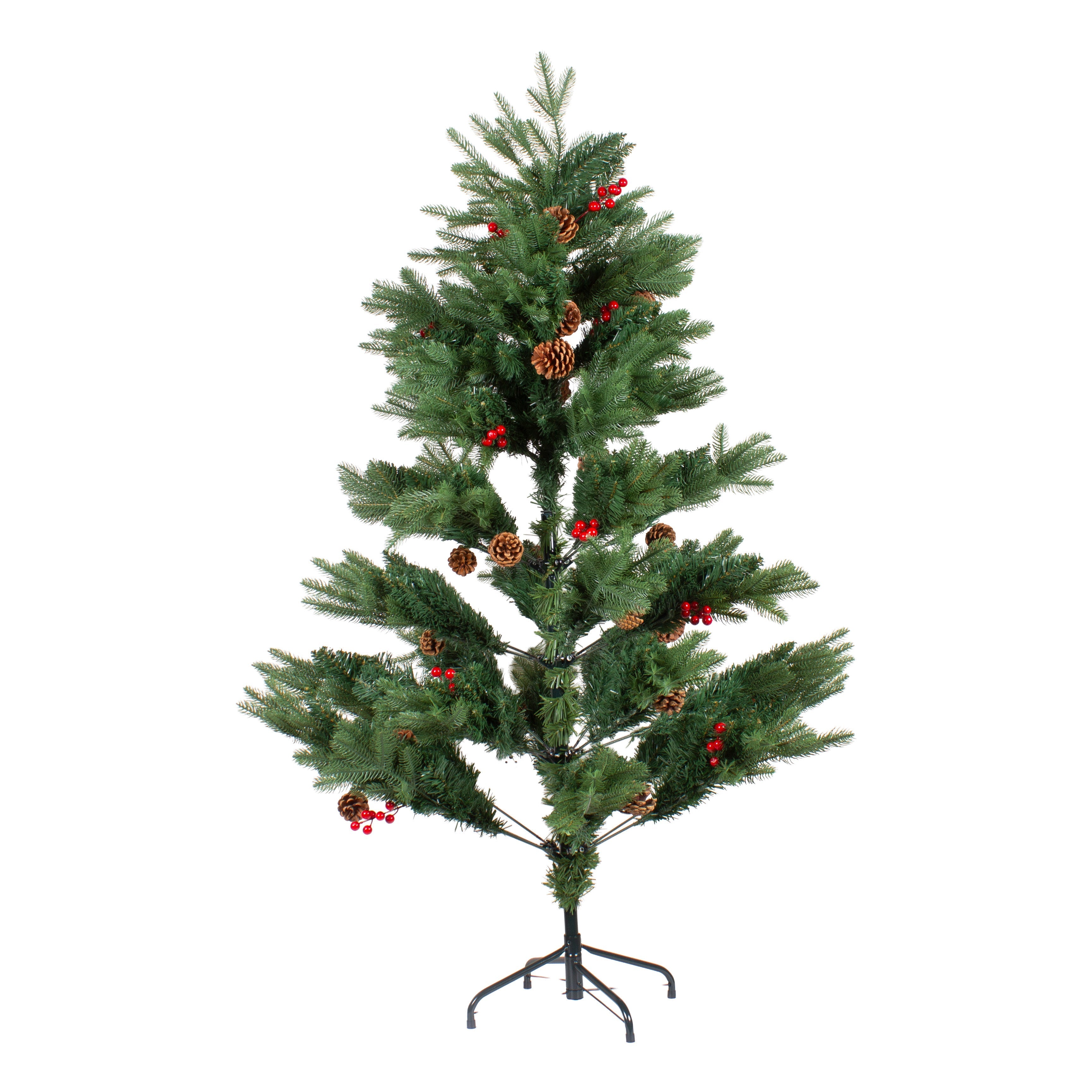 4 Feet - Christmas Deluxe Realistic Tree with Metal Stand Pine Cones & Red Berries 1pc  (Ornaments Combo)