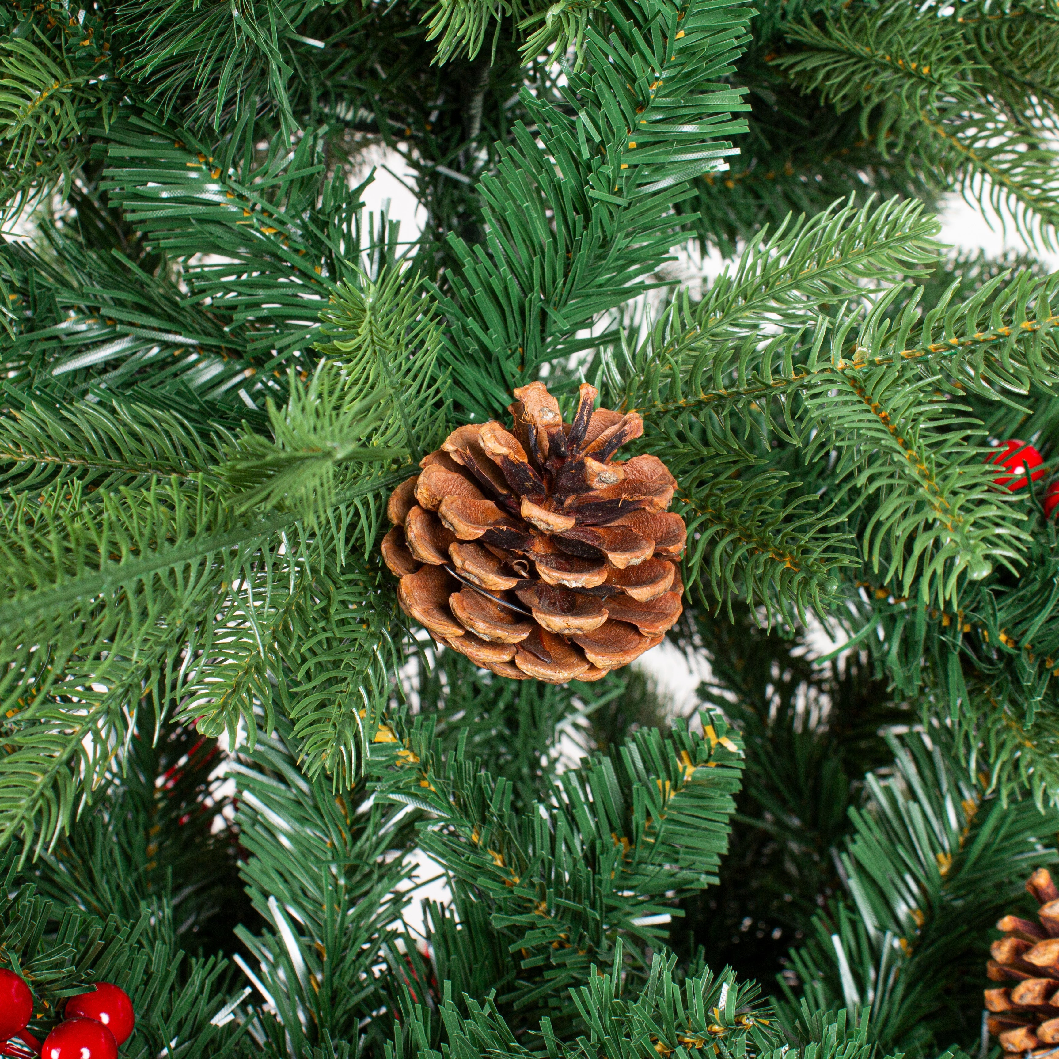 4 Feet - Christmas Deluxe Realistic Tree with Metal Stand Pine Cones & Red Berries 1pc  (Ornaments Combo)