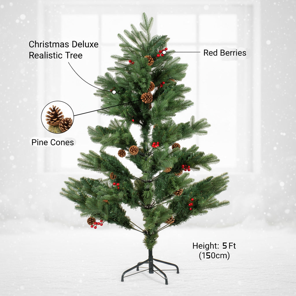 Christmas Deluxe Realistic Tree with Metal Stand Pine Cones & Red Berries 5 Ft (150cm) 1pc