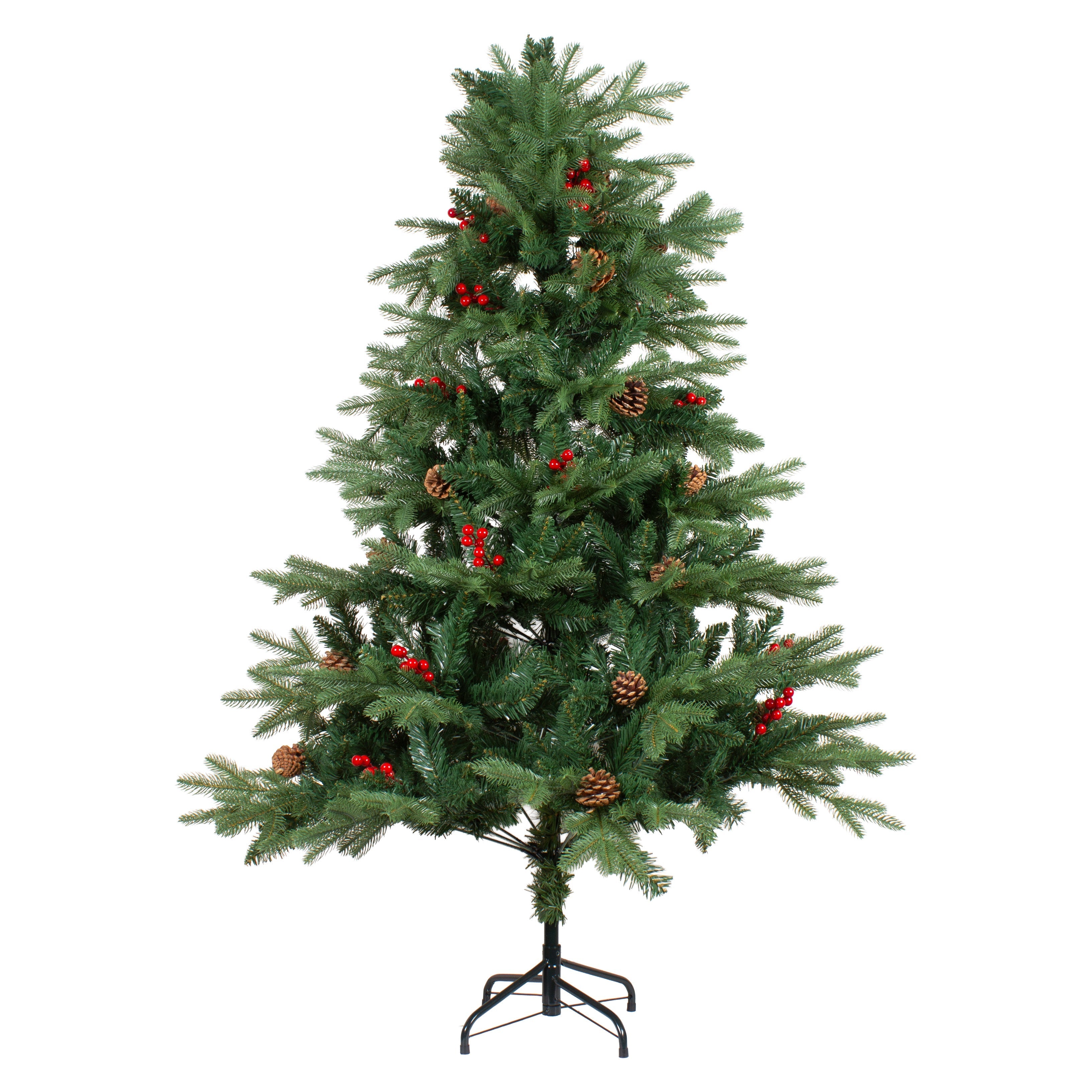 6 Feet - Christmas Deluxe Realistic Tree with Metal Stand Pine Cones & Red Berries (180cm) 1pc  (Ornaments Combo)