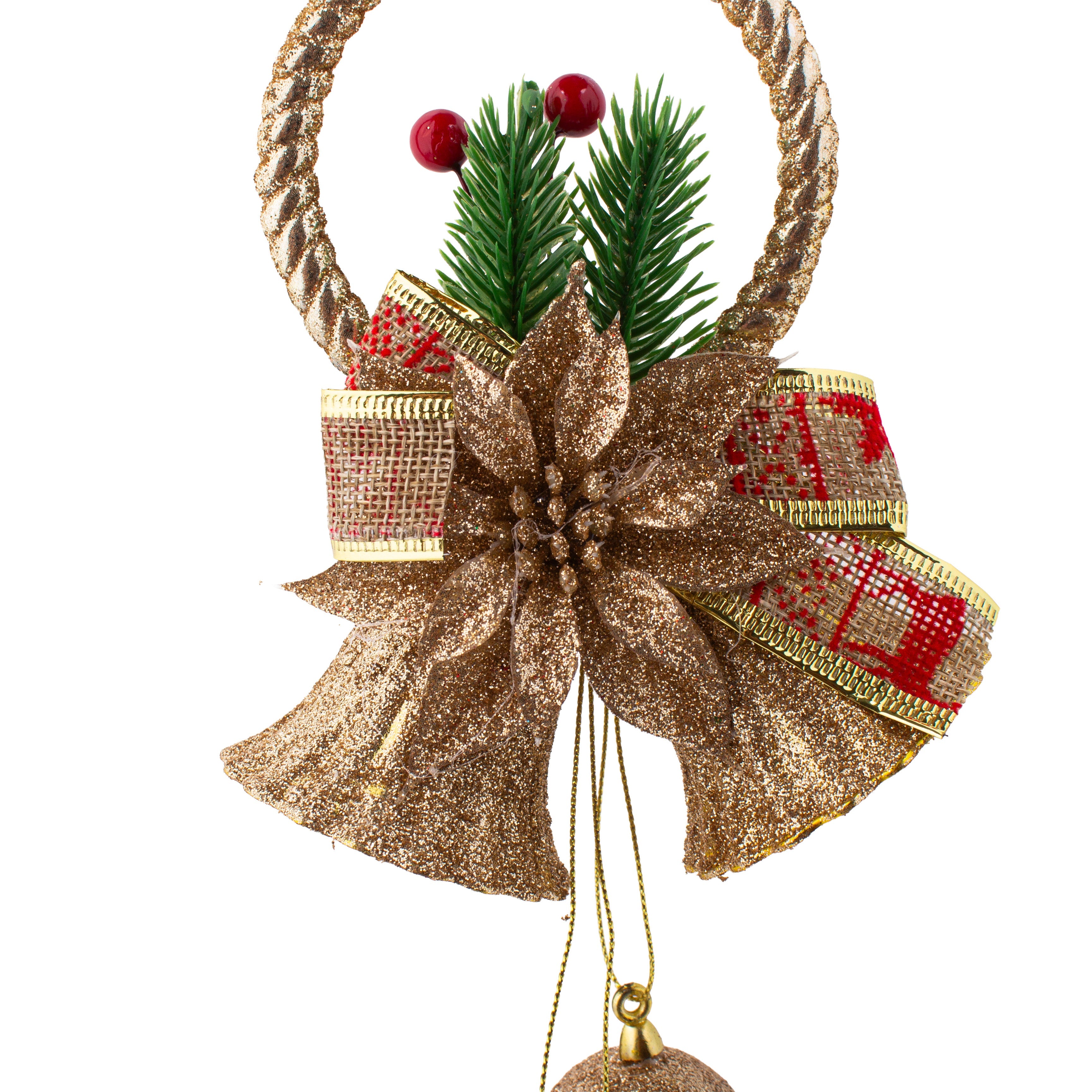Christmas Decoration Wall Hanging Jingle Bell with Baubles Gold Glitter 22 X 12cm 1pc