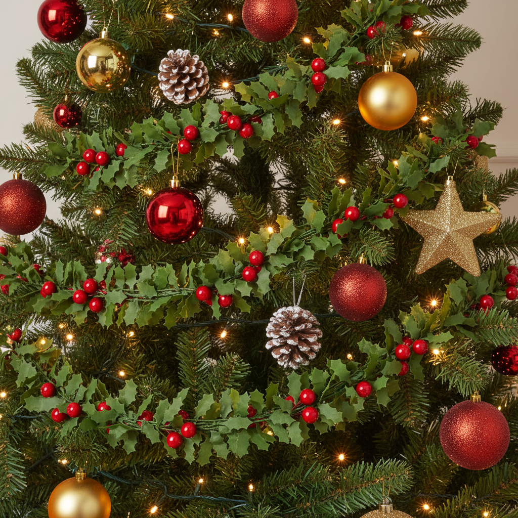 Christmas Holly Leaf Garland with Berries Wired Green 3cm 1pc