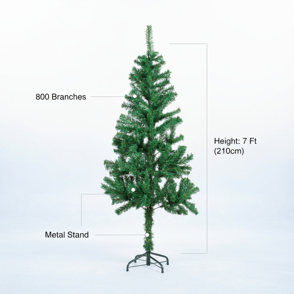 7 Feet - Christmas Festive Tree with Metal Stand 800 Branches (210cm) 1pc  (Ornaments Combo)