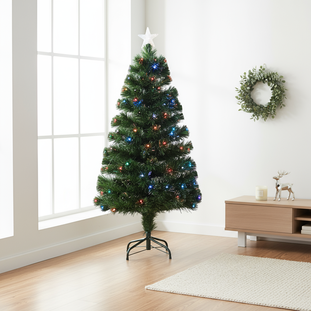 4 Feet - Christmas LED Fibre Optic Tree with Colour Changing Lights & Star 140 Branches 1pc  (Ornaments Combo)