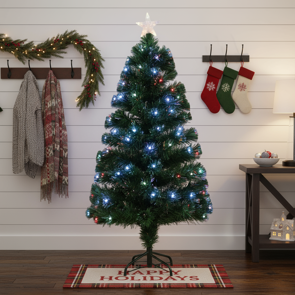 6 Feet - Christmas LED Fibre Optic Tree with Colour Changing Lights & Star 210 Branches (180cm) 1pc  (Ornaments Combo)