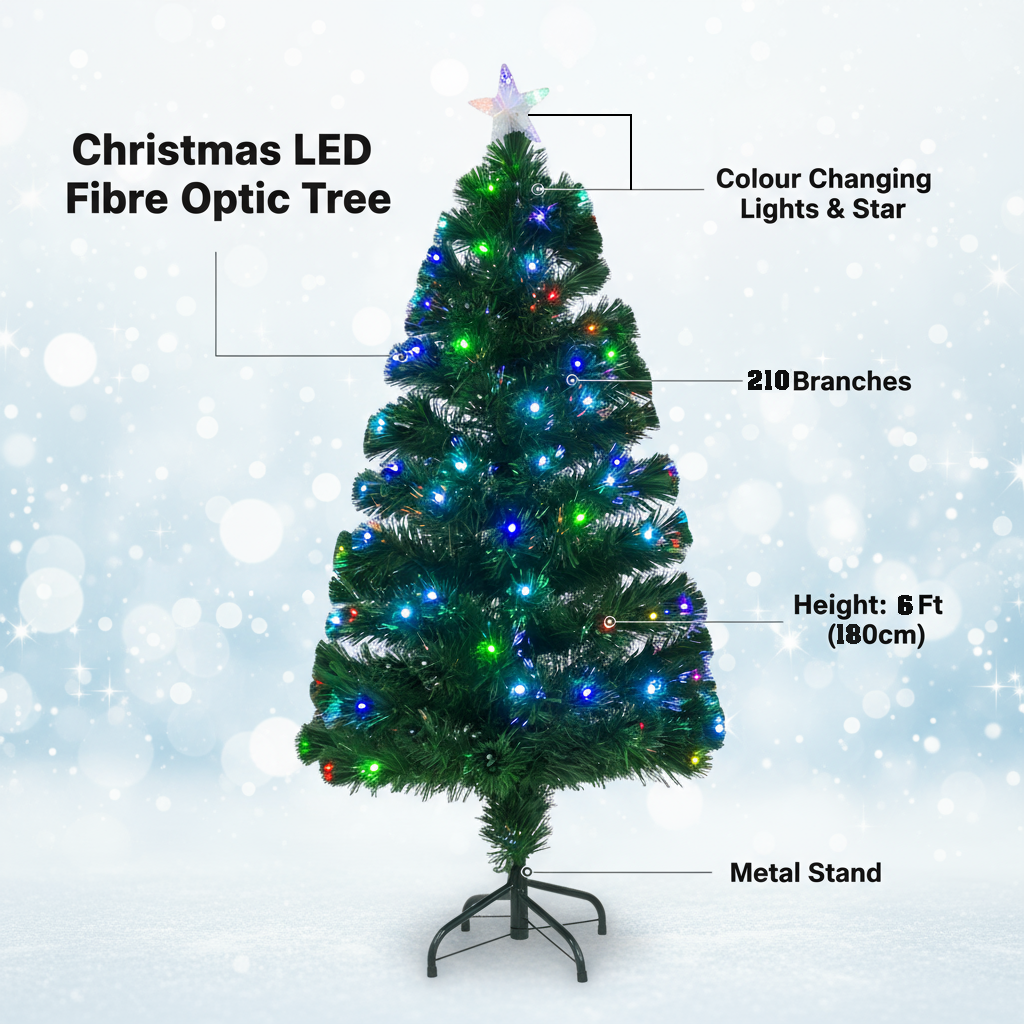 Christmas LED Fibre Optic Tree with Colour Changing Lights & Star 210 Branches 6 Ft (180cm) 1pc