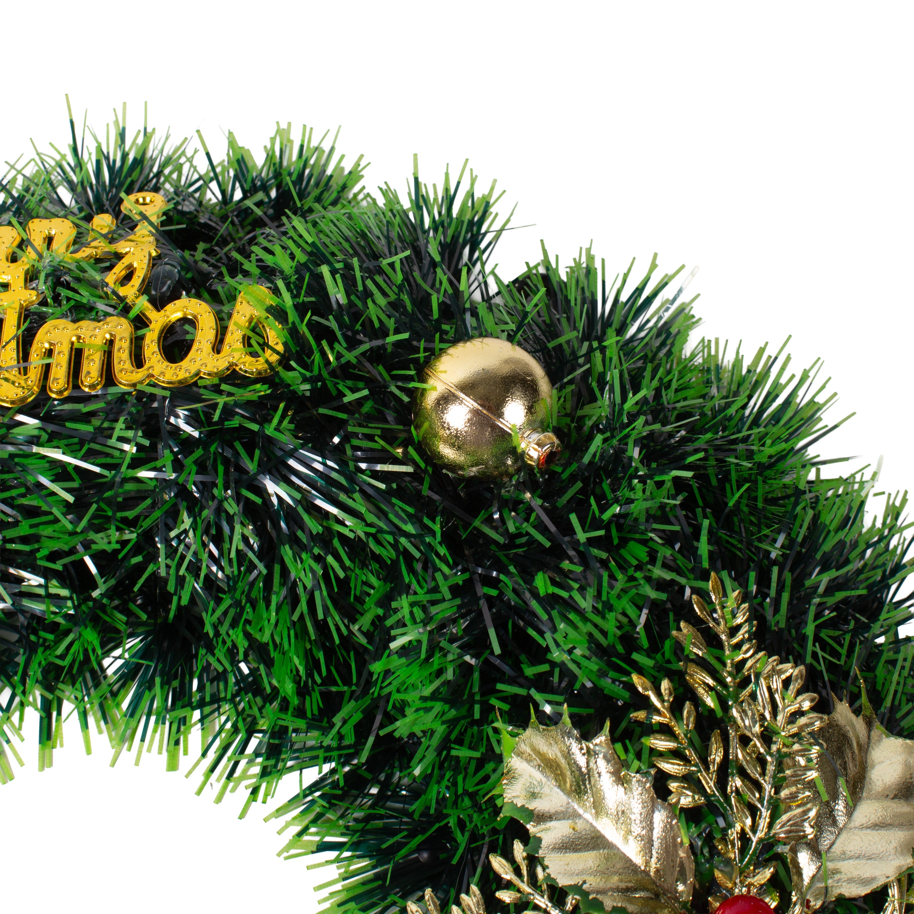 Christmas Tinsel Wreath Metallic Gold Holly Berrie with Merry Christmas 38cm Dia 1pc