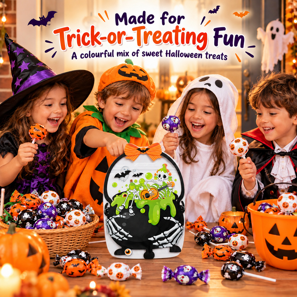Assorted Candy Pouch Skeleton Cauldron 225gm