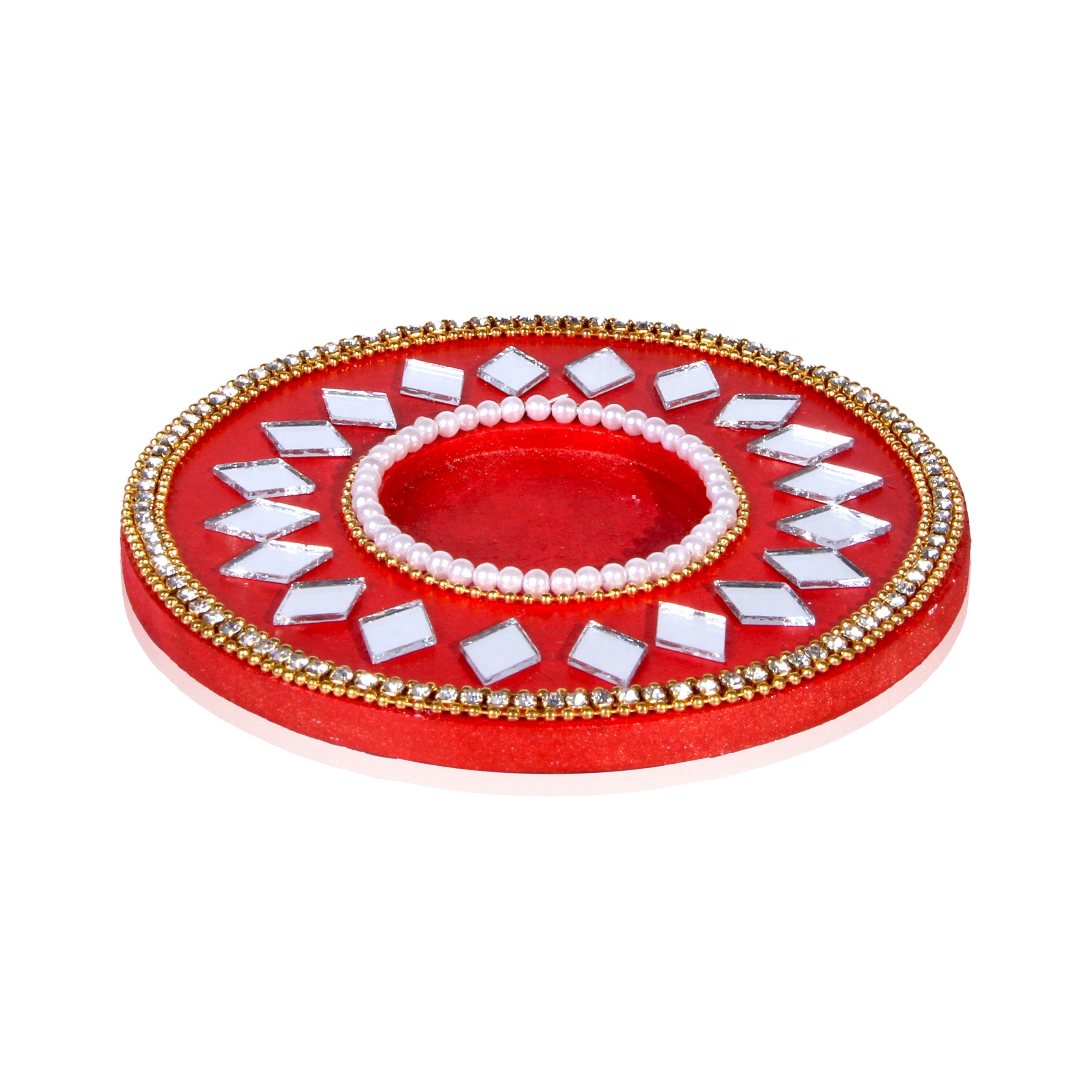 Mirror Work Tealight Holder Diamond Delight Red 4in Dia 5.5mm Thick 1pc ( Candle Included 1pc)