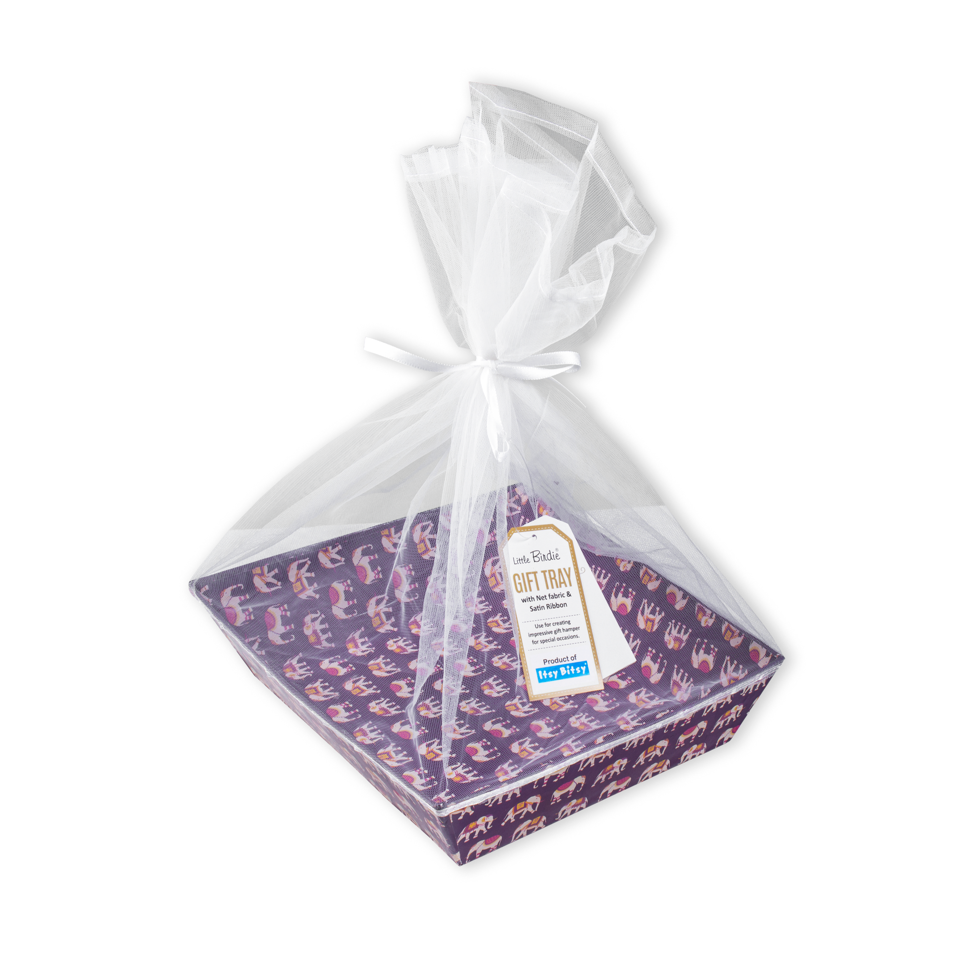 Angled Gifting Tray With Net Cover & Satin Ribbon - Elephant Parade, 8.1in x 10.2in, 1pc