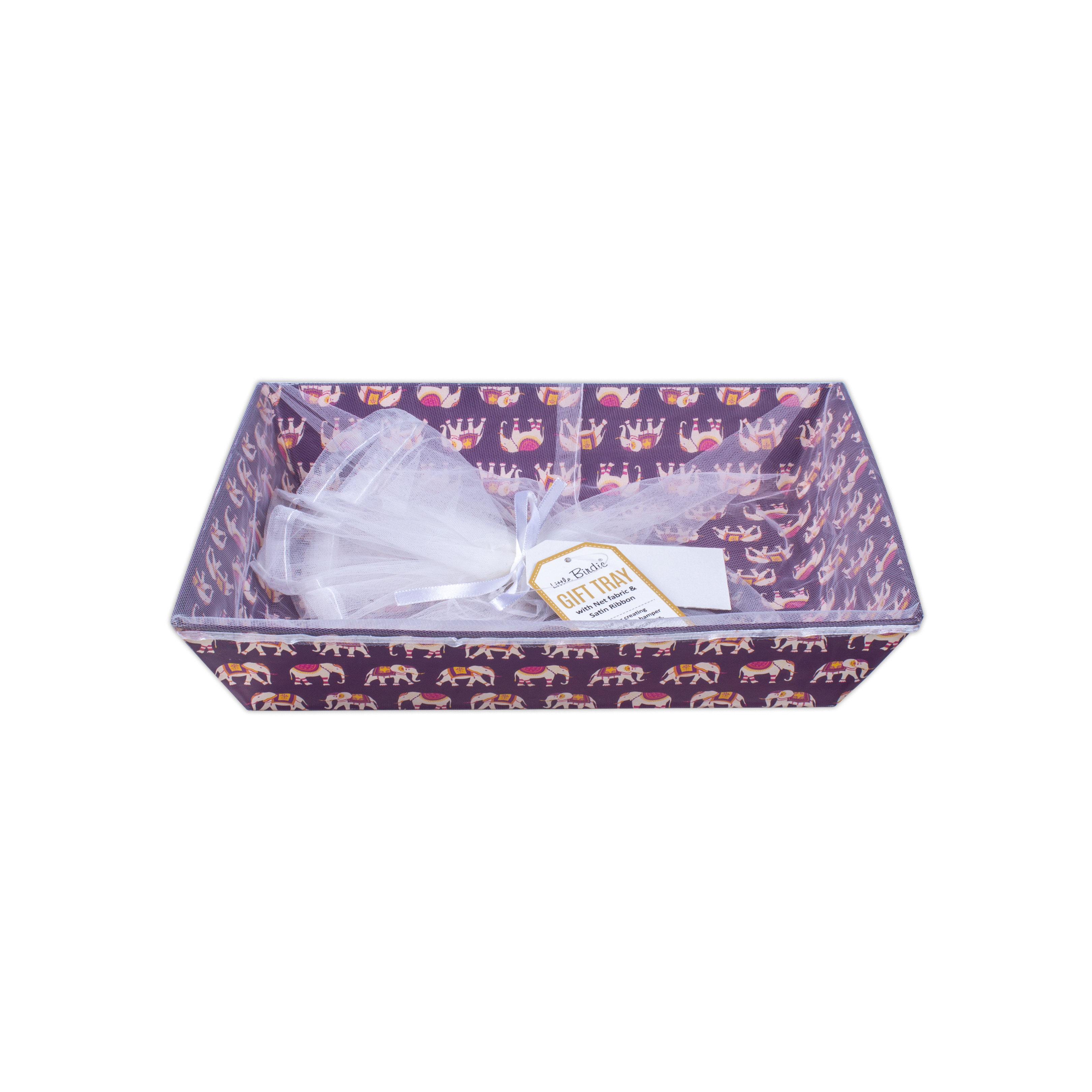 Angled Gifting Tray With Net Cover & Satin Ribbon - Elephant Parade, 8.1in x 10.2in, 1pc
