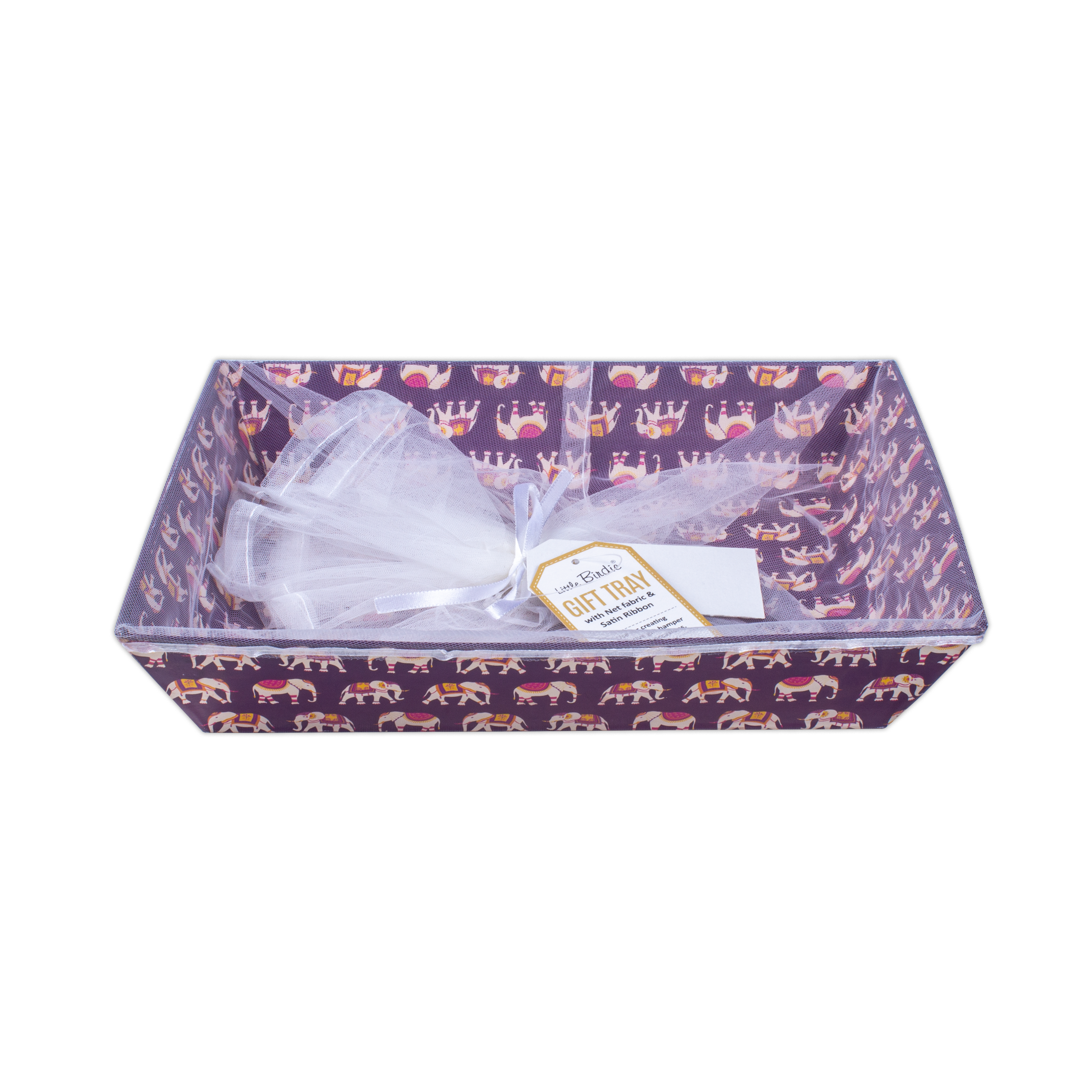 Angled Gifting Tray With Net Cover & Satin Ribbon - Elephant Parade, 10.1in x 12in, 1pc