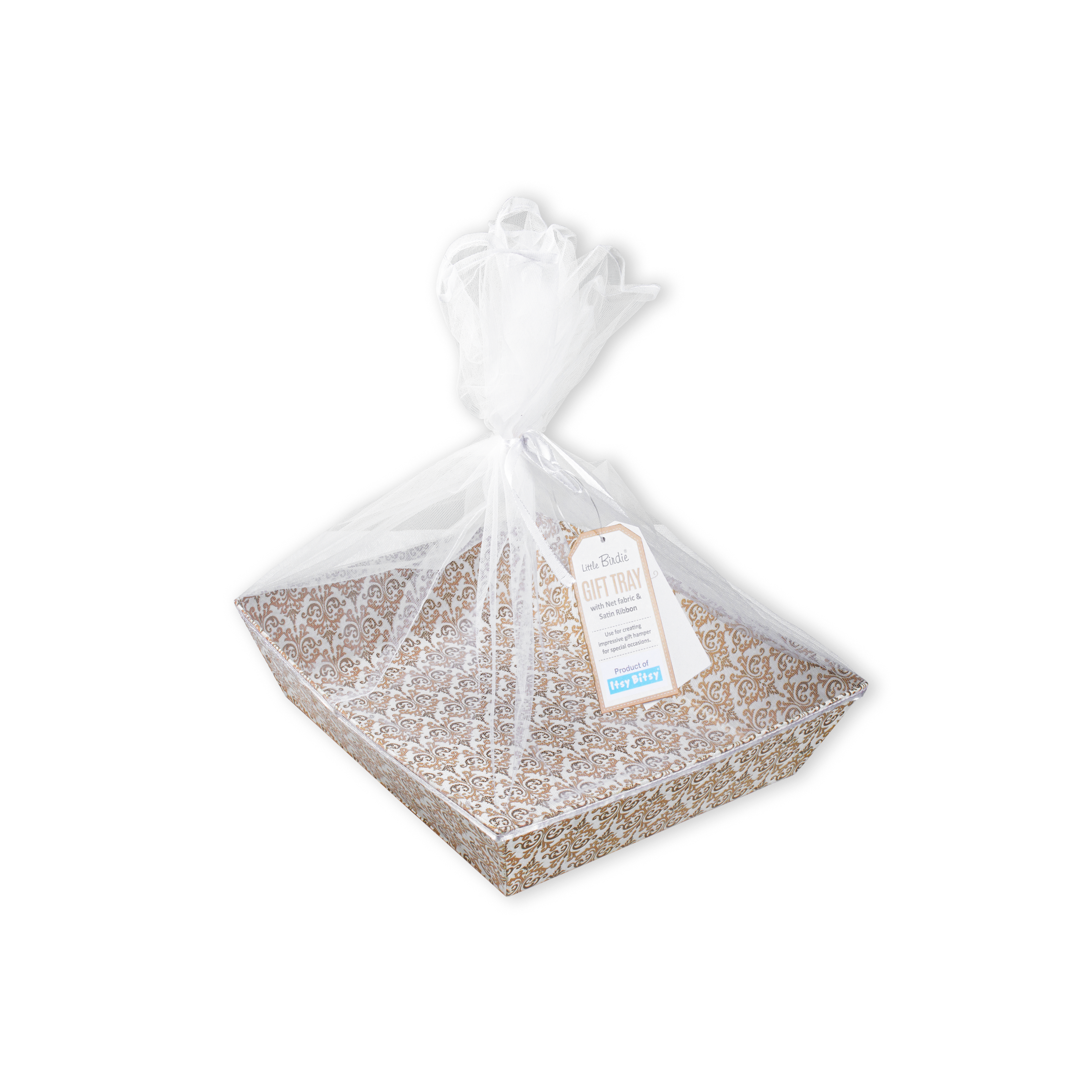 Angled Gifting Tray With Net Cover & Satin Ribbon - Classy Damask, 6.2in x 8in, 1pc