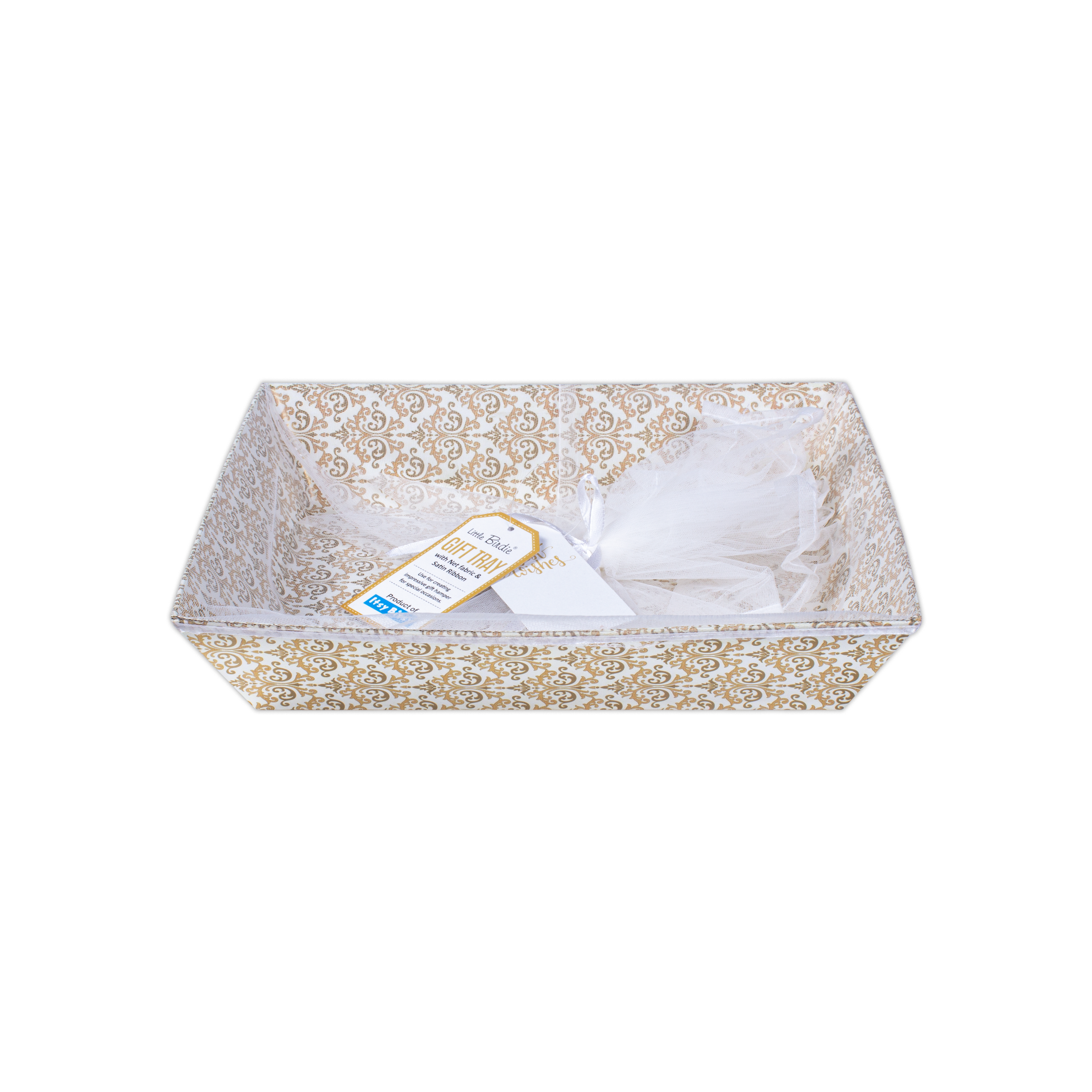 Angled Gifting Tray With Net Cover & Satin Ribbon - Classy Damask, 8.1in x 10.2in, 1pc