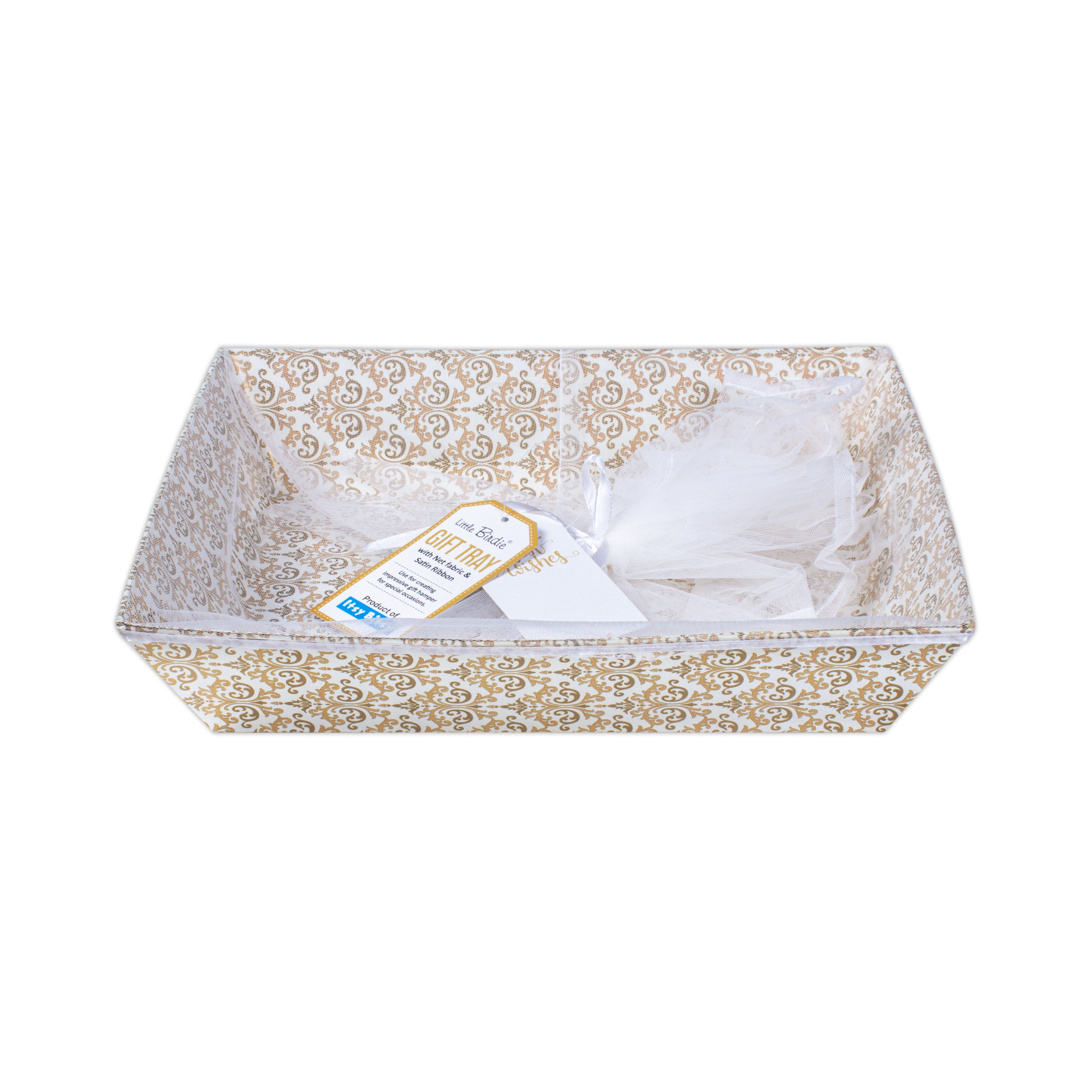 Angled Gifting Tray With Net Cover & Satin Ribbon - Classy Damask, 10.1in x 12in, 1pc